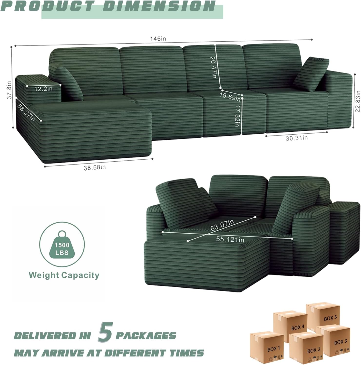 146" U Shape Modular Sectional Compression Sofa
