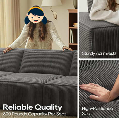 3 Seats Modular Sectional Corduroy Compressible Sofa