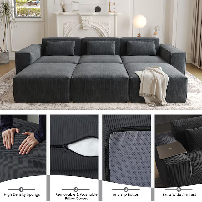 3 Seats Modular Sectional Corduroy Compressible Sofa