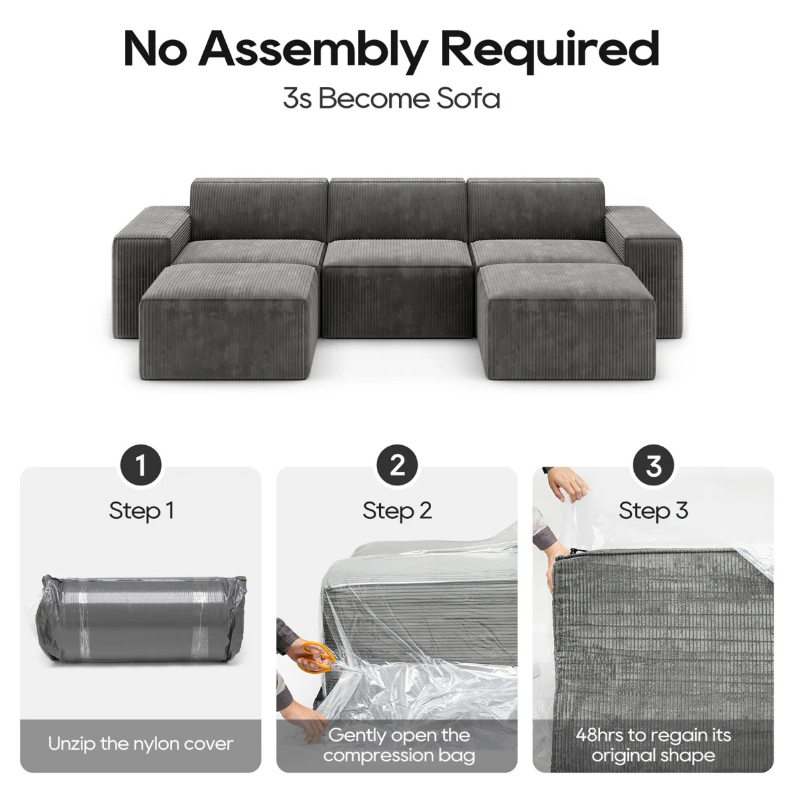 3 Seats Modular Sectional Corduroy Compressible Sofa