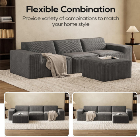 3 Seats Modular Sectional Corduroy Compressible Sofa