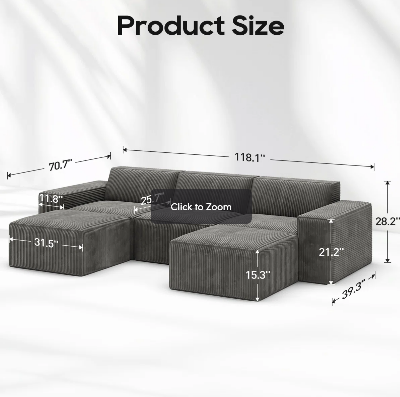 3 Seats Modular Sectional Corduroy Compressible Sofa