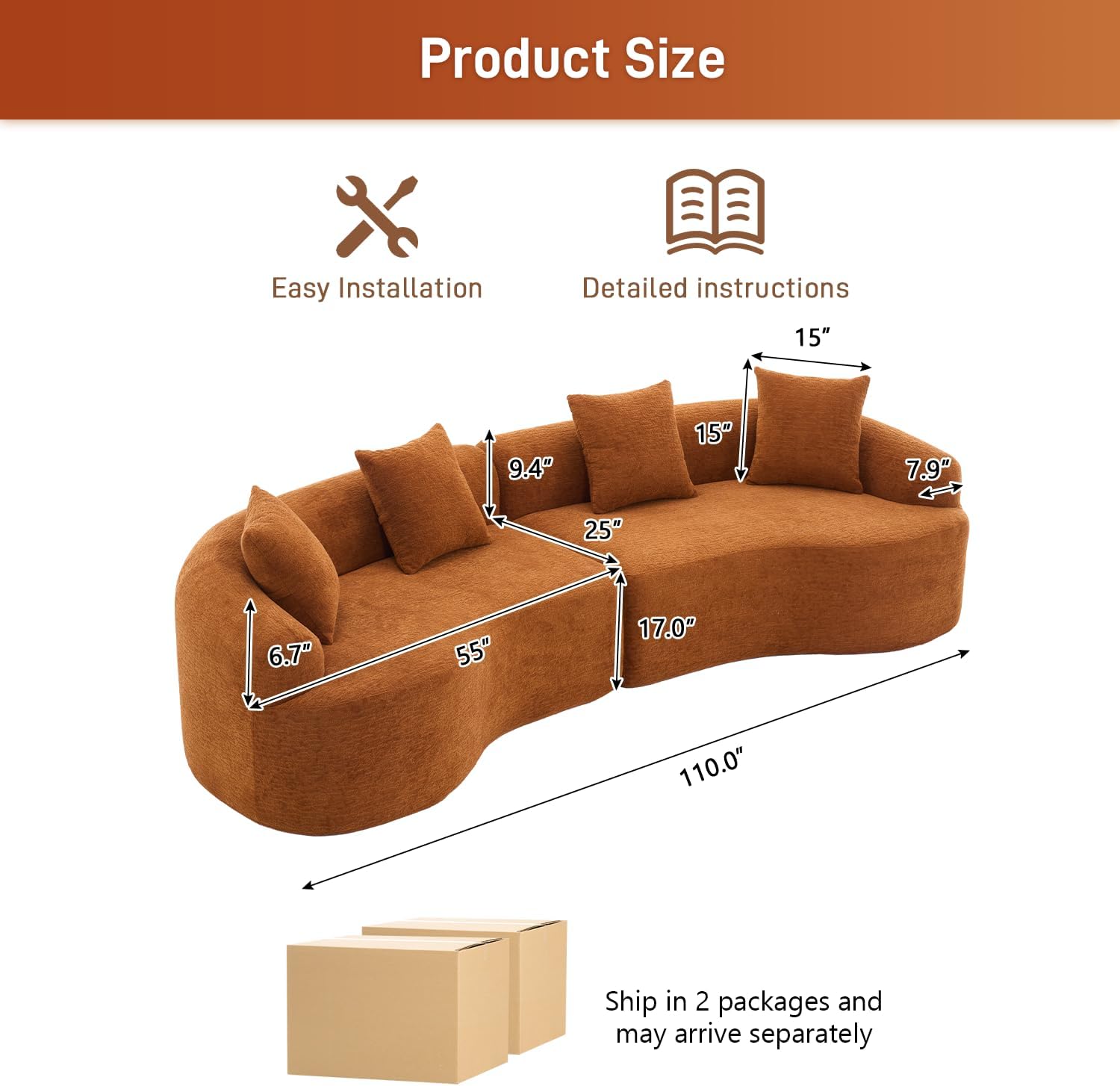 110" Curved Modern Minimalist Sofa Couch Set