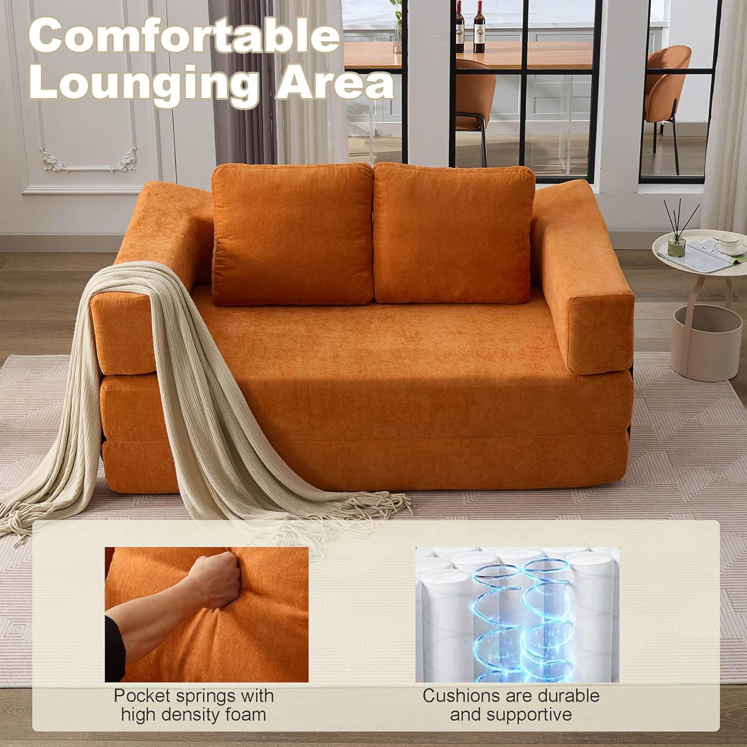 70" Living Room Compressed Foam Sofa with Pull Out Bed & Removable Armrests