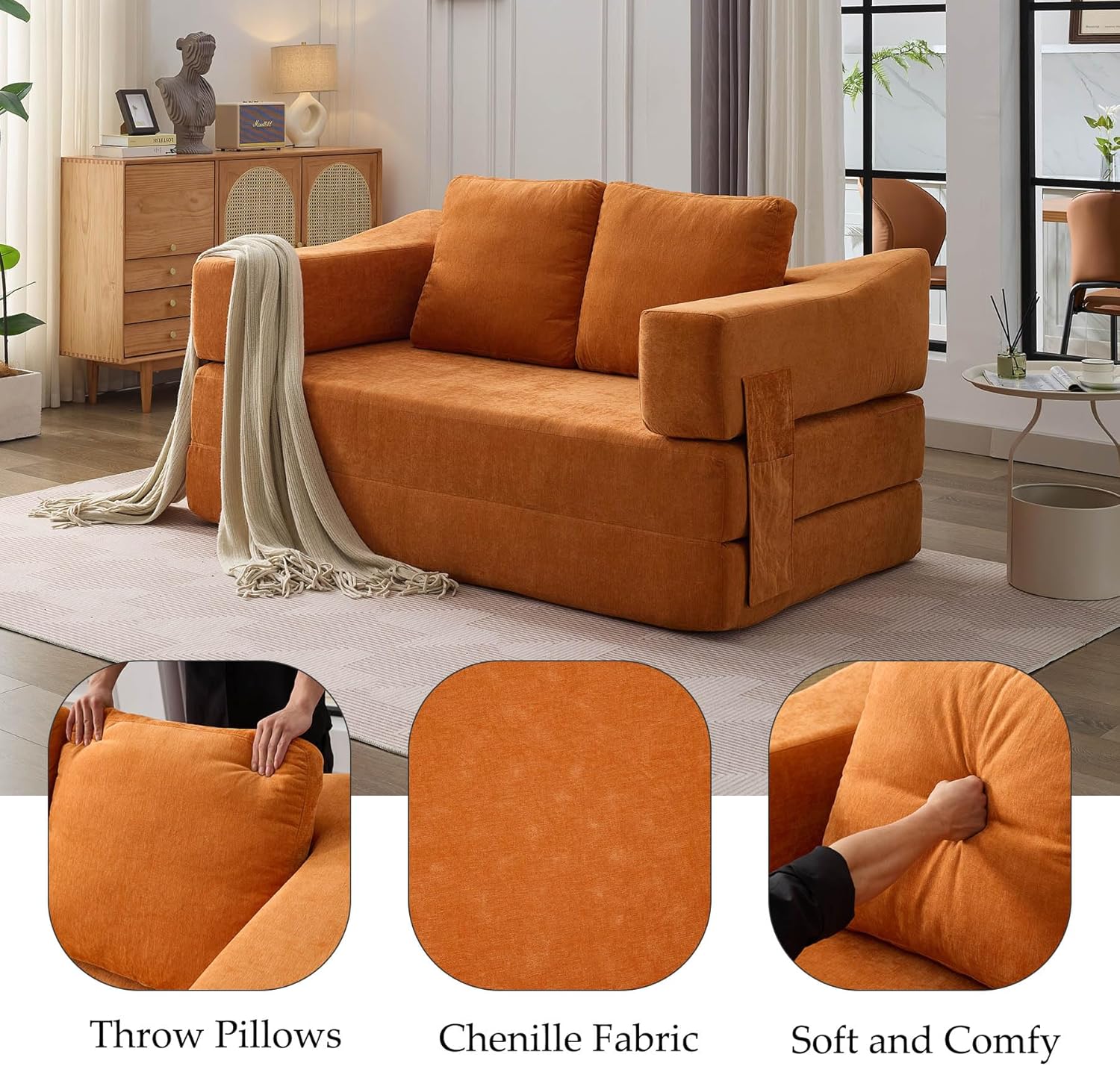 70" Living Room Compressed Foam Sofa with Pull Out Bed & Removable Armrests