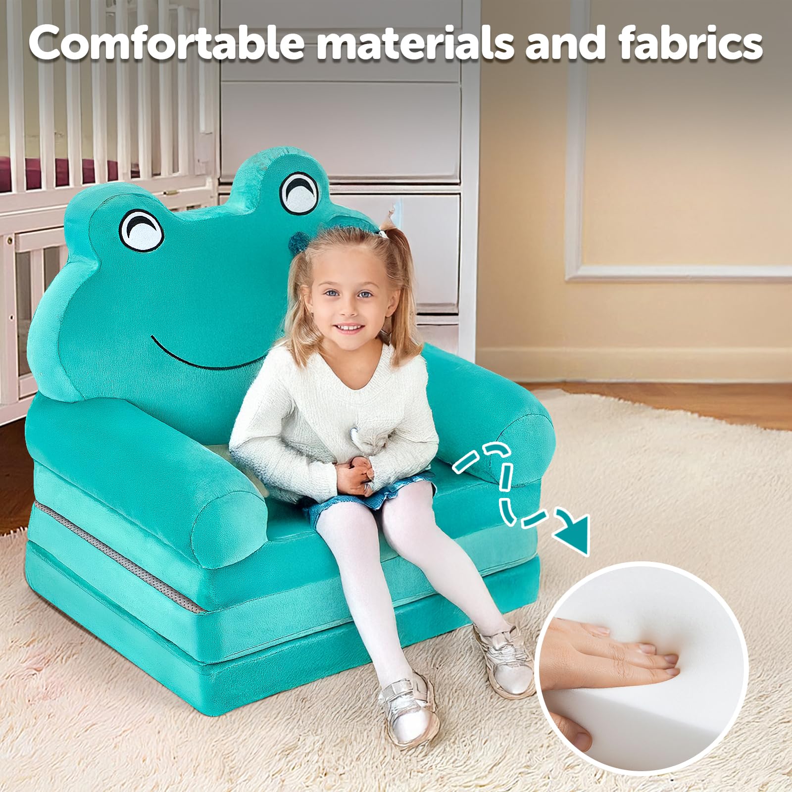 Toddlers and Kids Foldable Foam Sofa Bed With Green Frog Shape