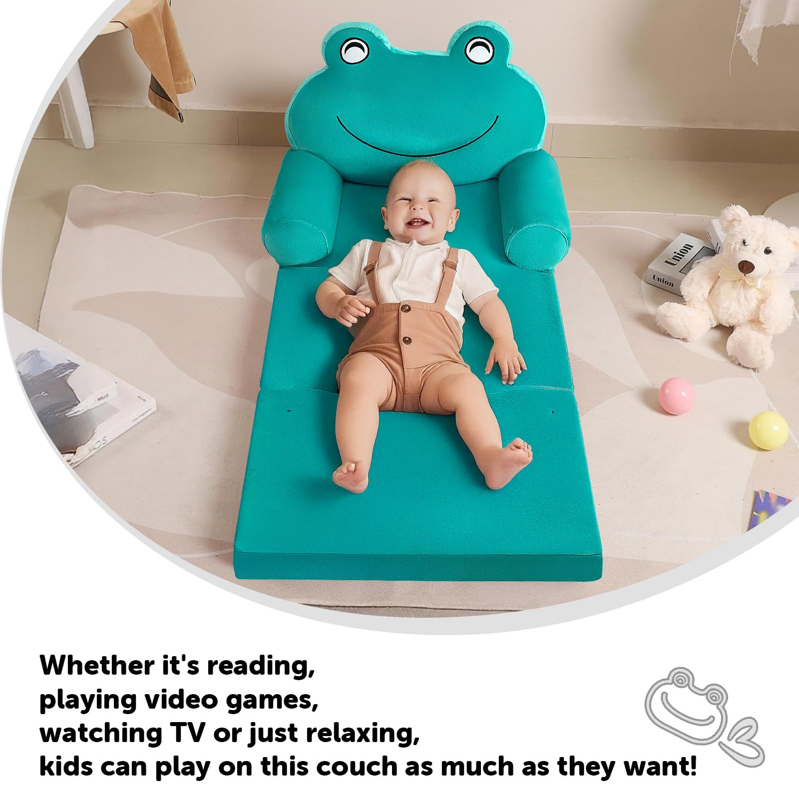 Toddlers and Kids Foldable Foam Sofa Bed With Green Frog Shape