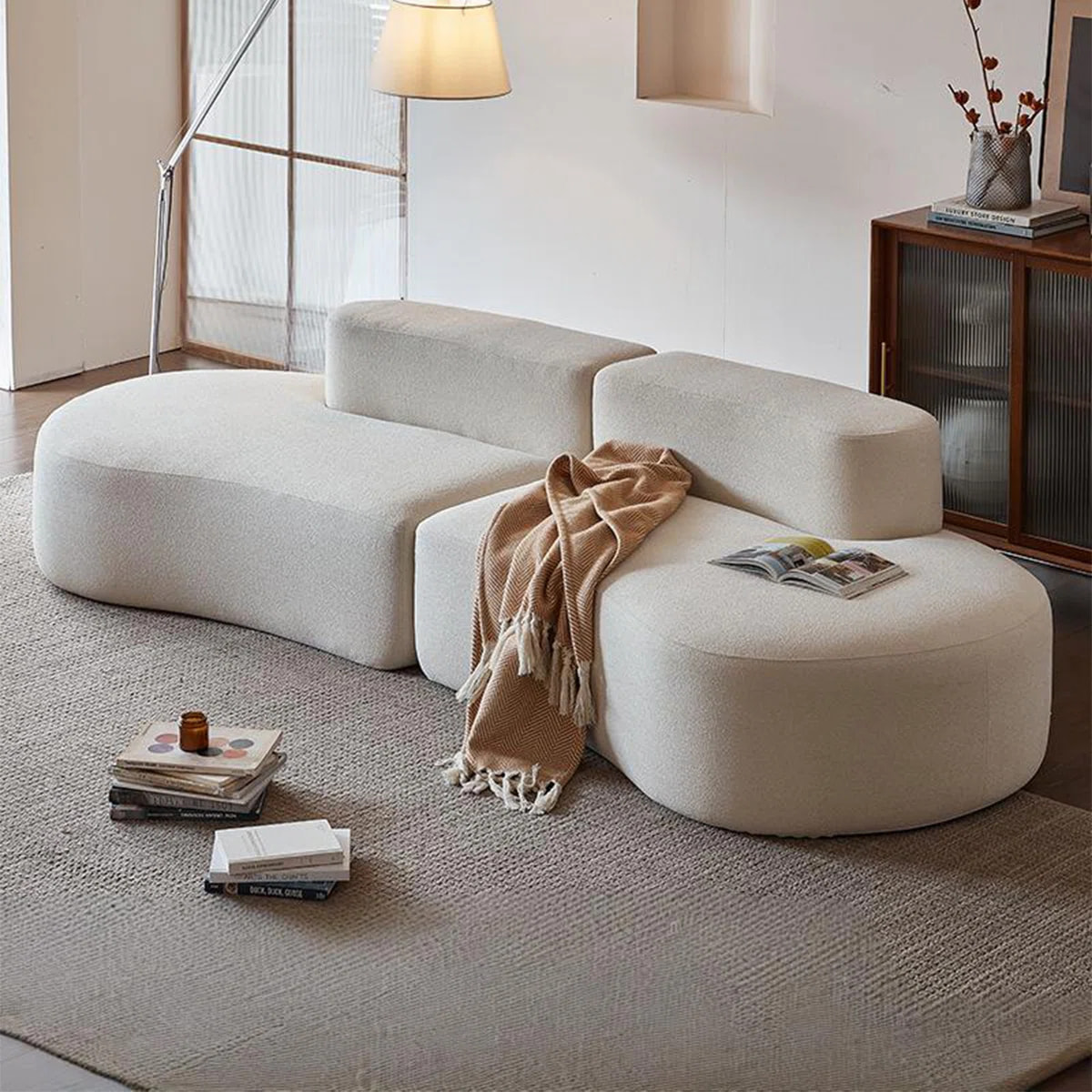 Modern Curved Sectional Sofa With Sherpa Fabric and Compressed Foam