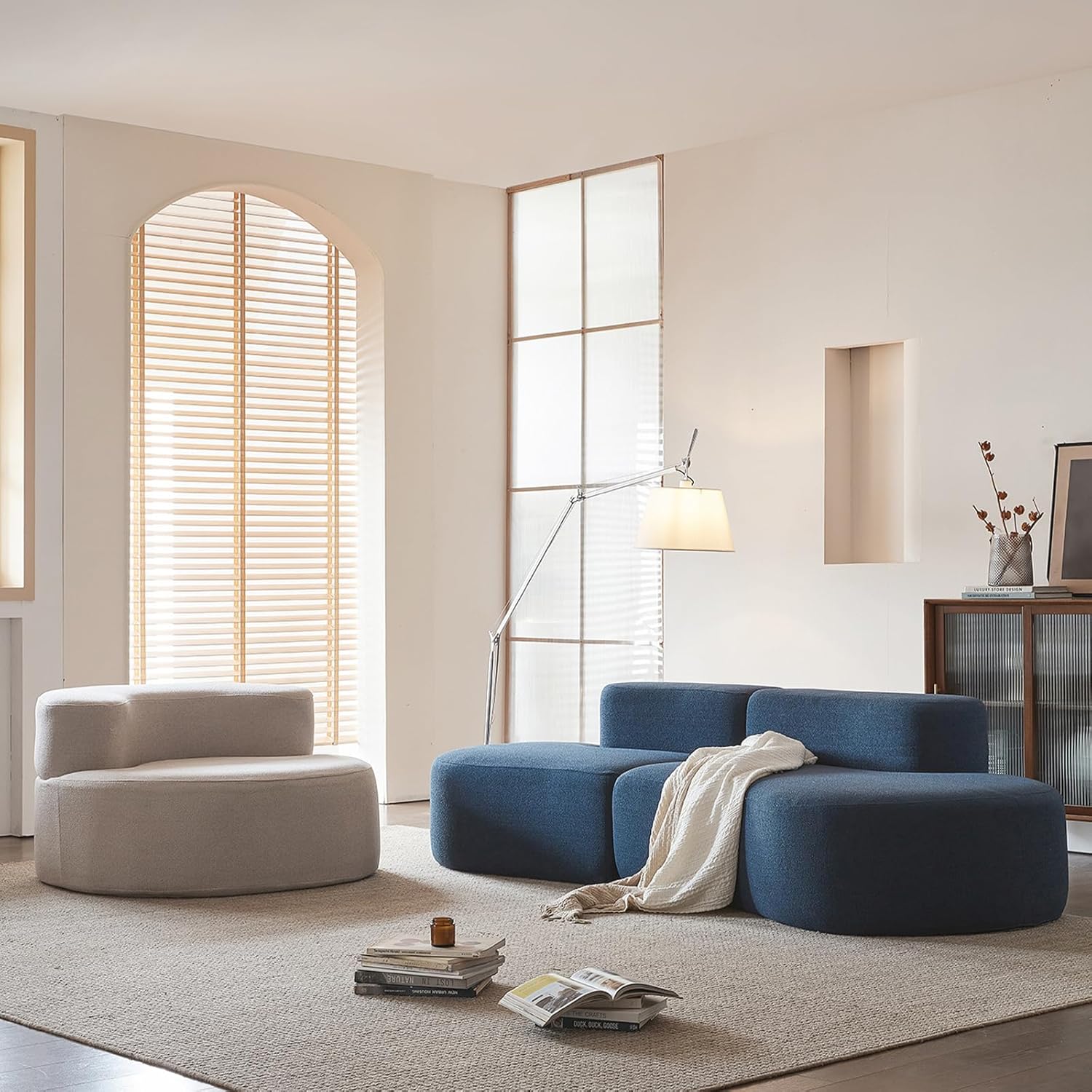 Modern Curved Sectional Sofa With Sherpa Fabric and Compressed Foam