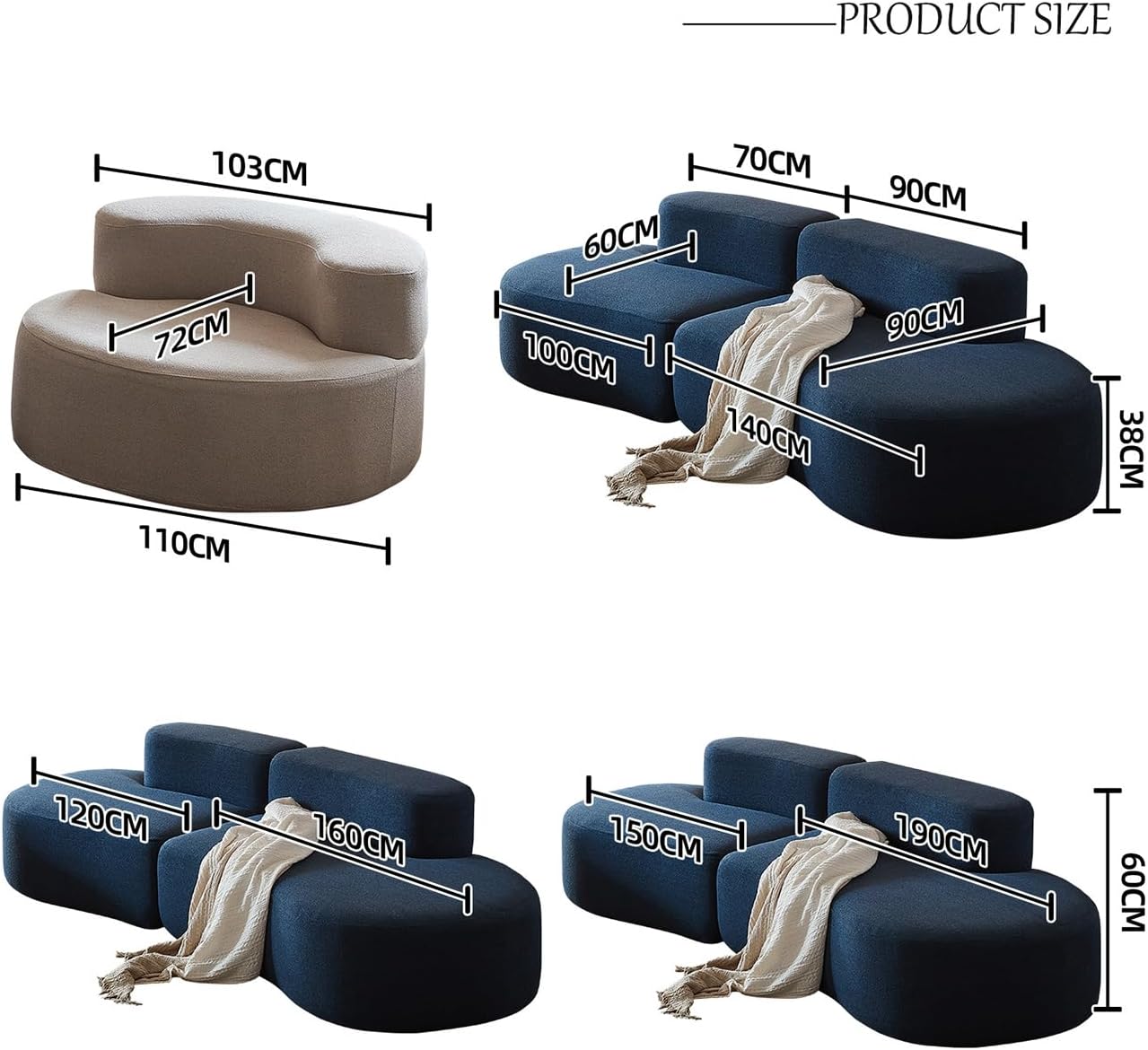 Modern Curved Sectional Sofa With Sherpa Fabric and Compressed Foam