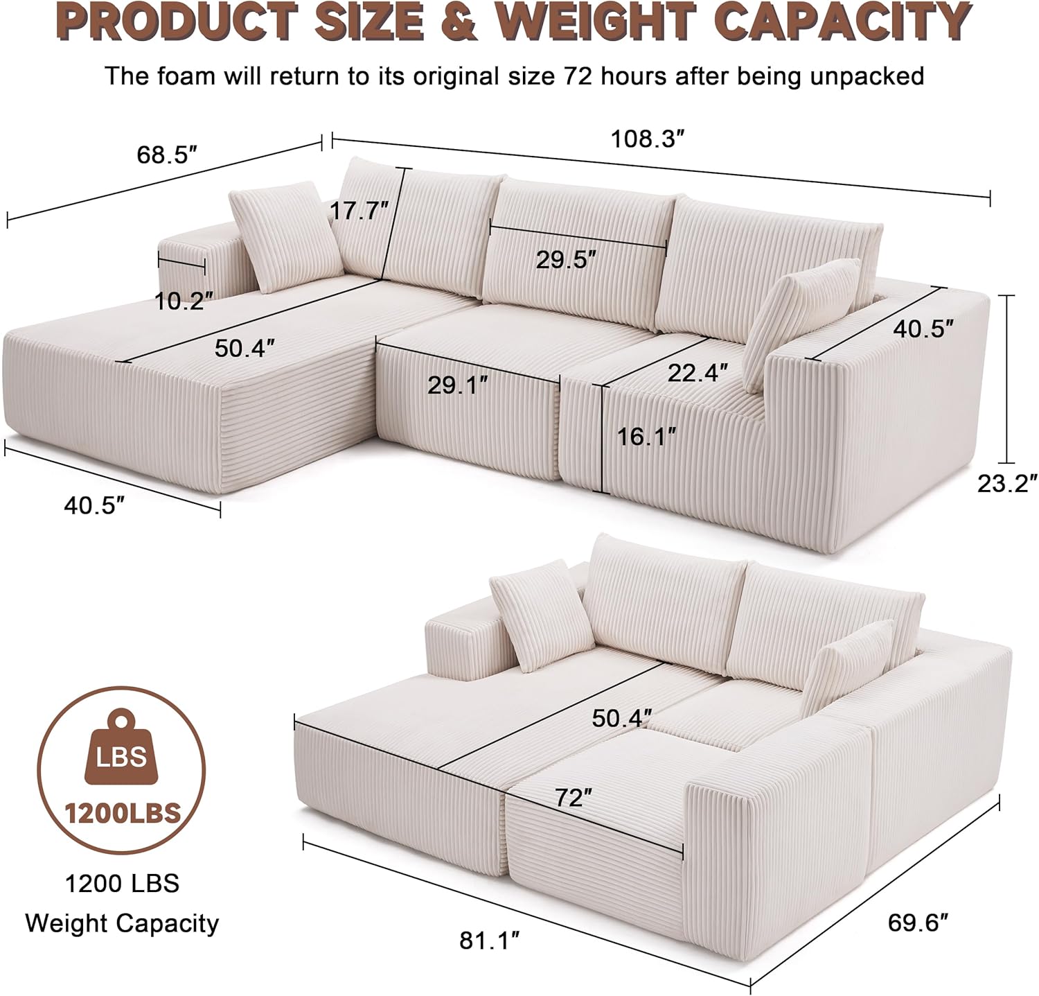108" Vacuum Compression Sofa Set for Living Room