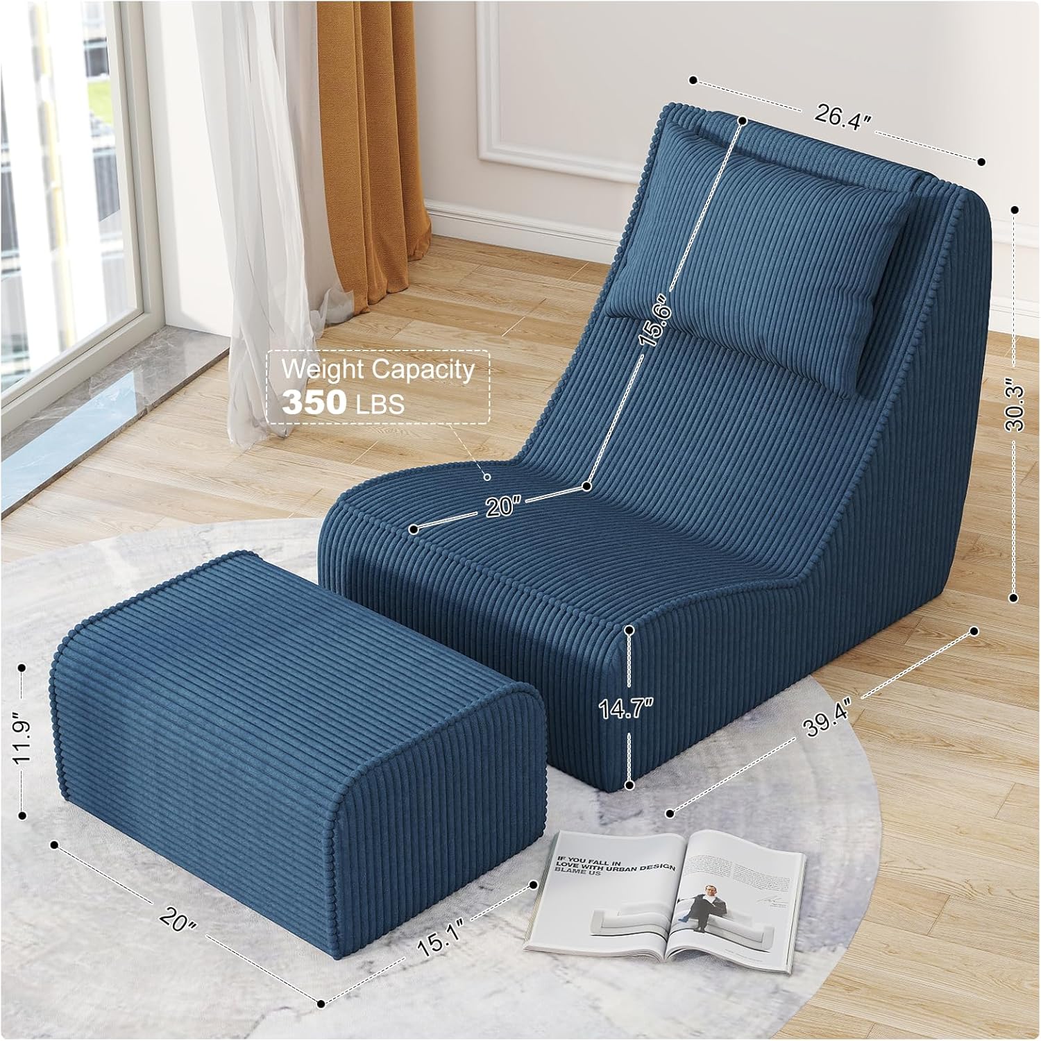 High Density Foam Chaise Lounge with Ottoman & Detachable Neck Pillow