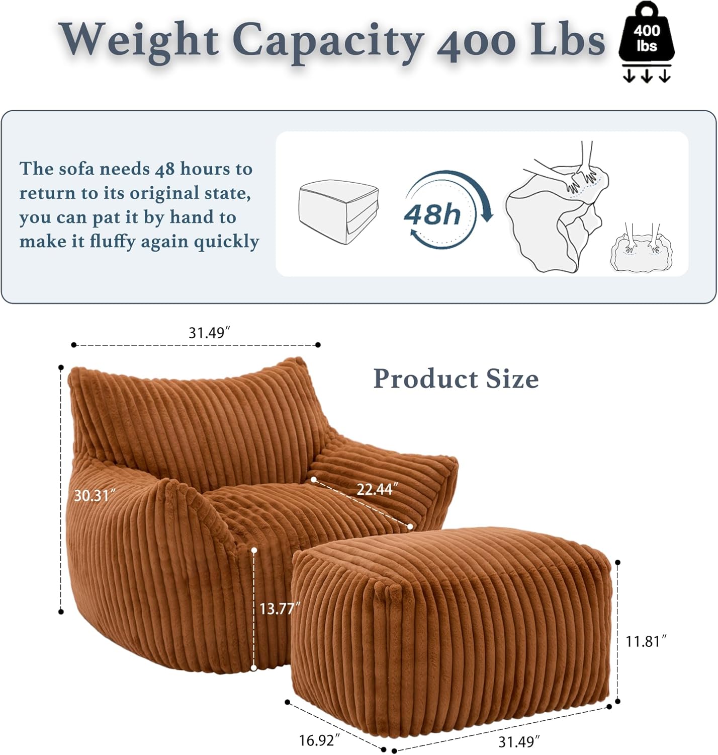 Soft Foam Bean Bag Chair for Adults with Armrests