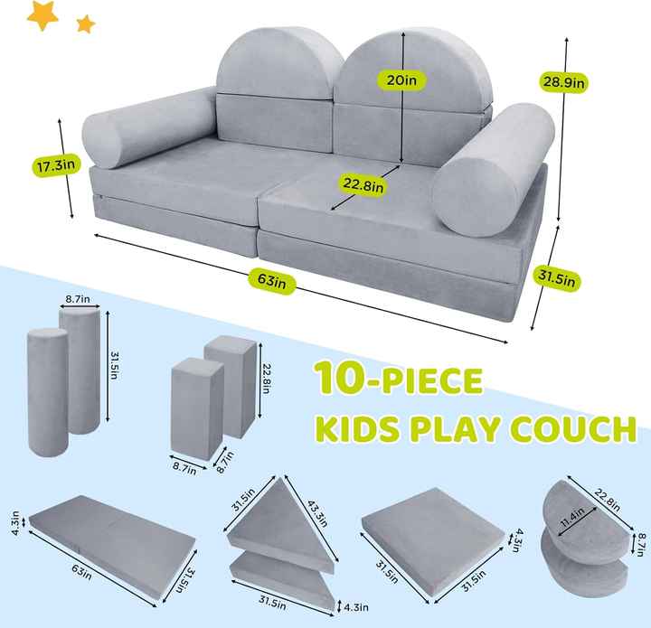 10pcs Extra-large Kids Modular Couch & DIY Play Blocks