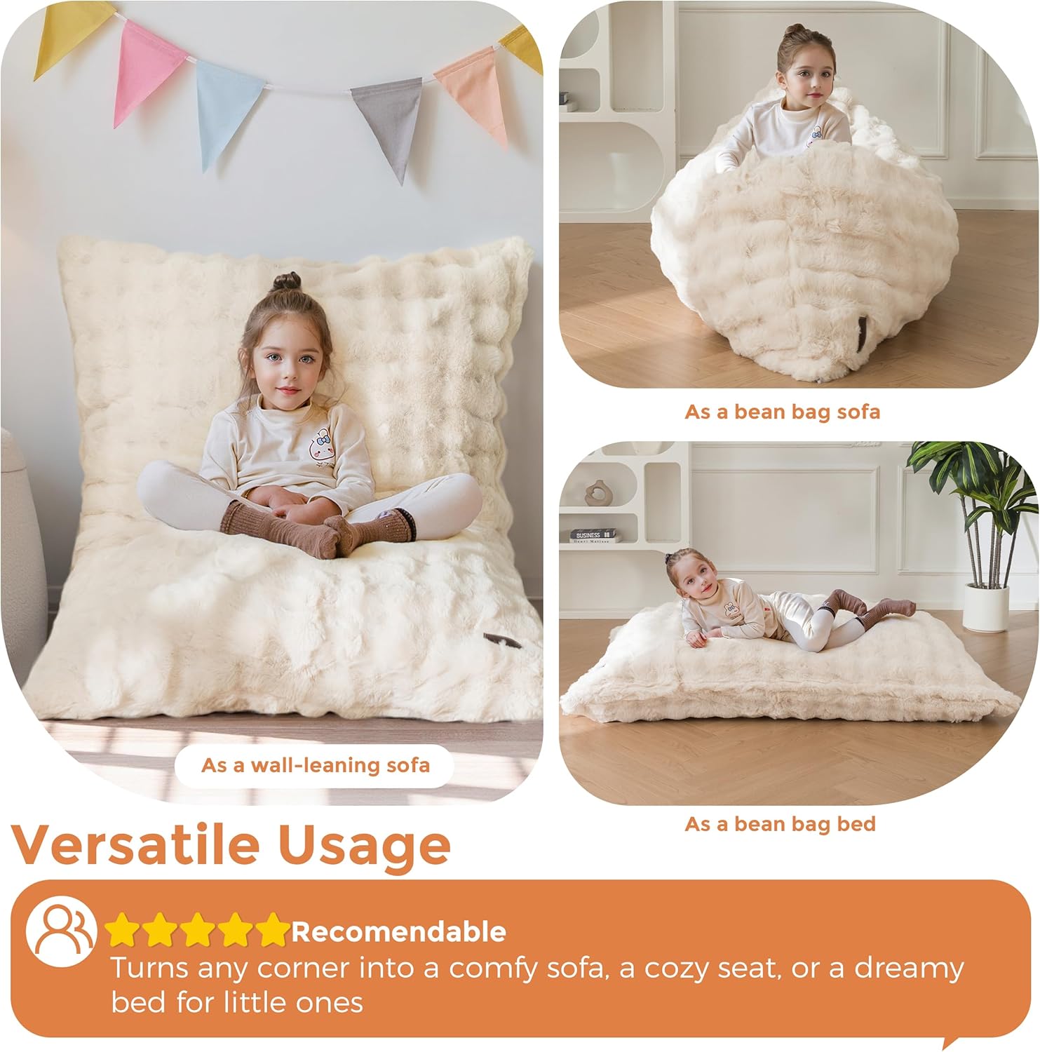 3-in-1 Kids Convertible Bean Bag Chair, Sofa Bed & Floor Cushion