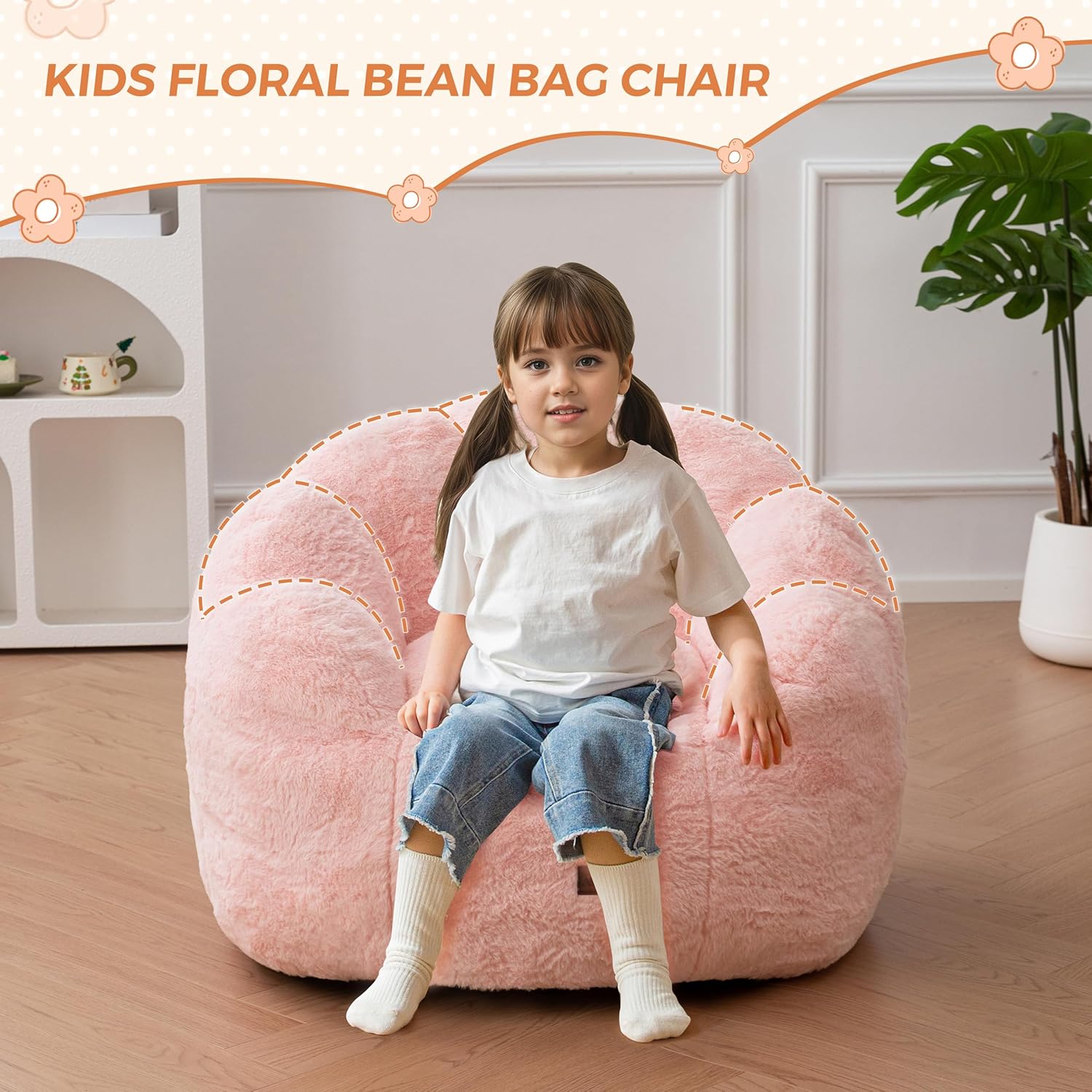 Floral Kids Bean Bag Sofa - Plush Faux Fur Toddler Couch
