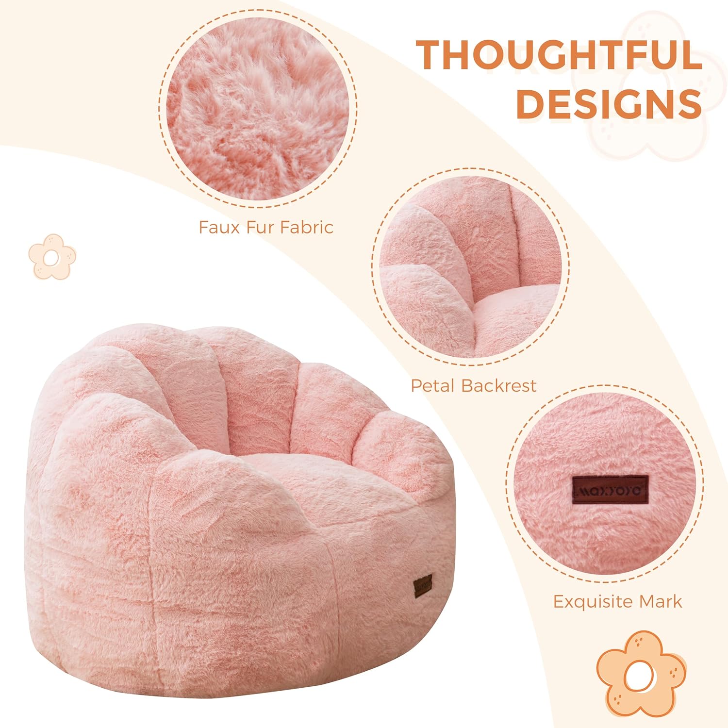 Floral Kids Bean Bag Sofa - Plush Faux Fur Toddler Couch