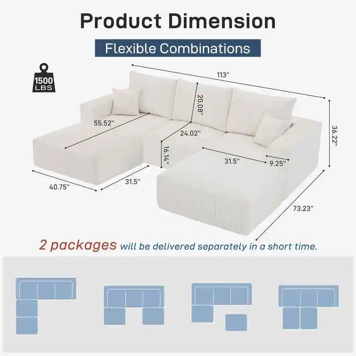 113in Sectional Cloud Boneless Sofa | Living Room Compression Furniture