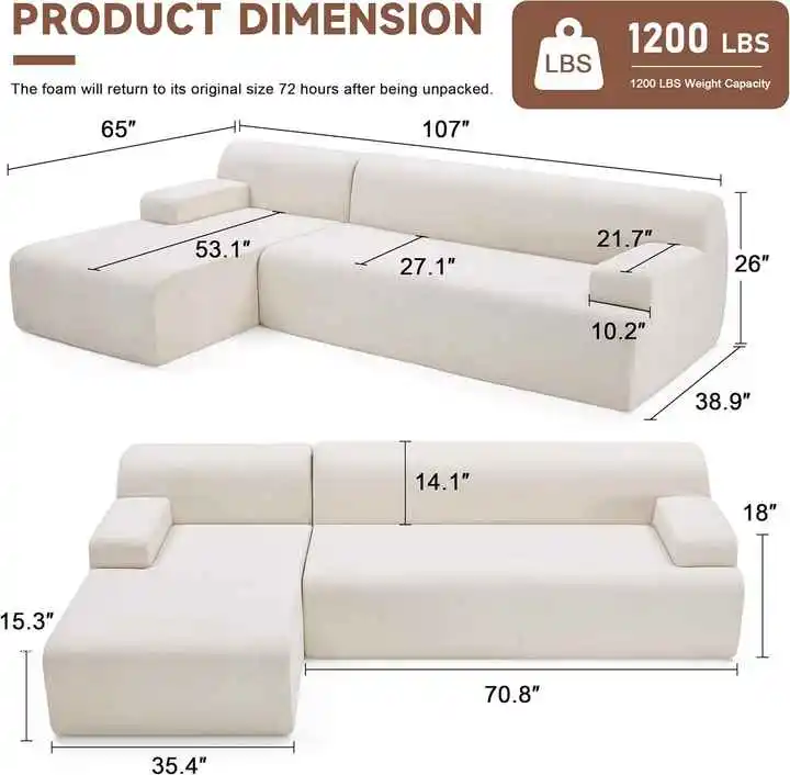107 inch Living Room Modular Compression Sofa With L Shaped Chaise