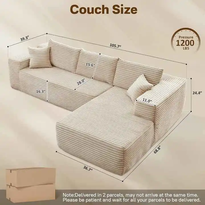 Customized L-shaped Sofa With Lounge Chaise: Vacuum Compression Package