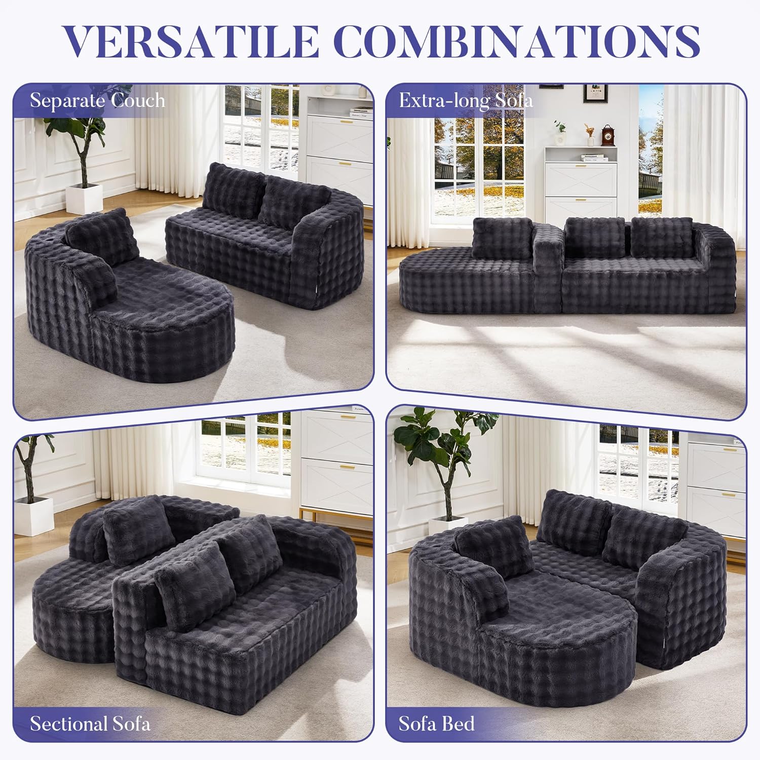 96" 3 Seater Cloud Sectional Boneless Couch with L Shaped Chaise