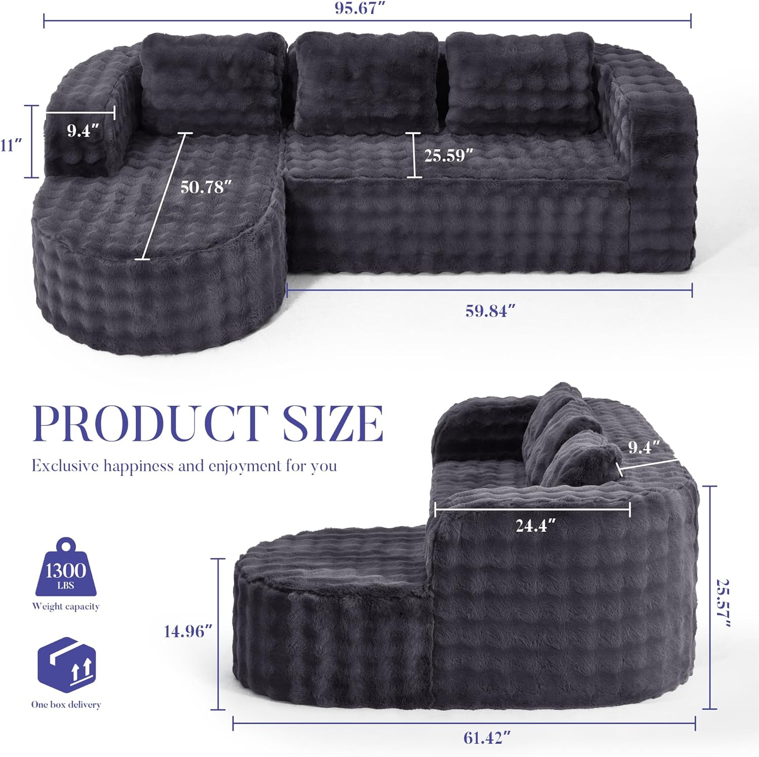 96" 3 Seater Cloud Sectional Boneless Couch with L Shaped Chaise