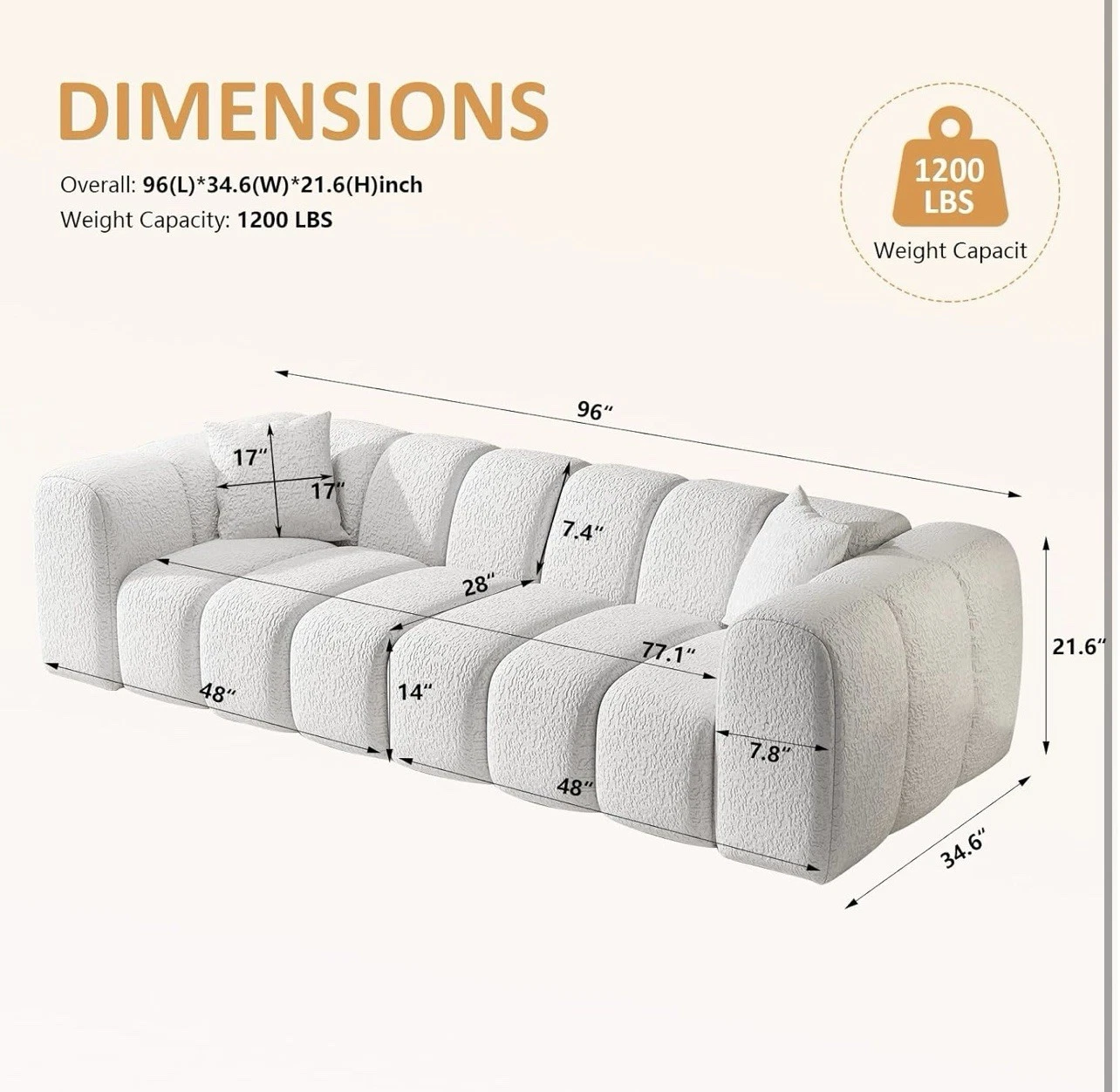 96" Boneless Cloud Modular Sectional Sofa with Deep Seat