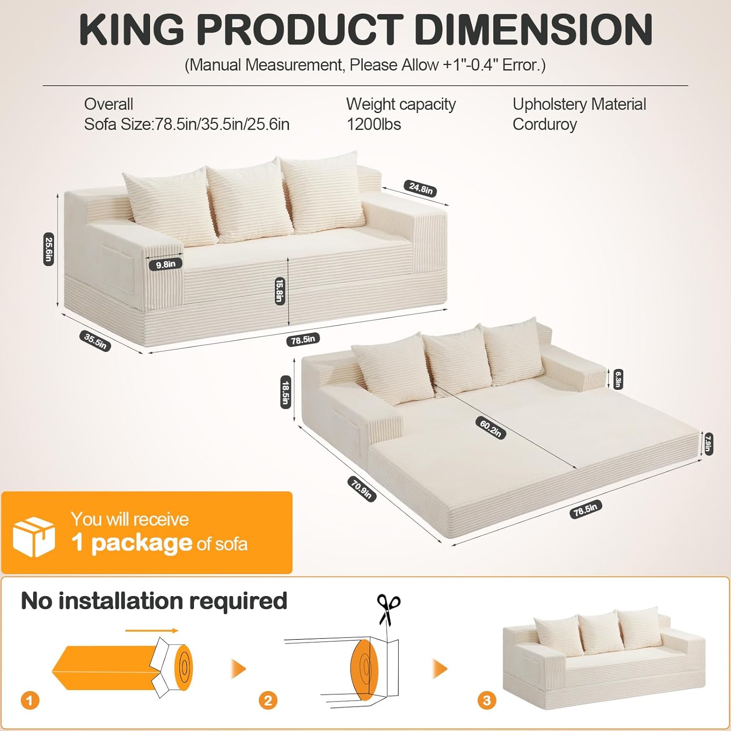 78" Convertible Pull Out Compressible Boneless  Sofa Bed