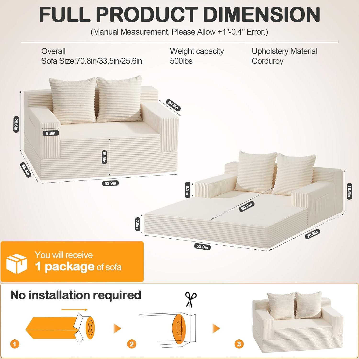 59 inch Boneless Loveseat Convertible Sofa Bed