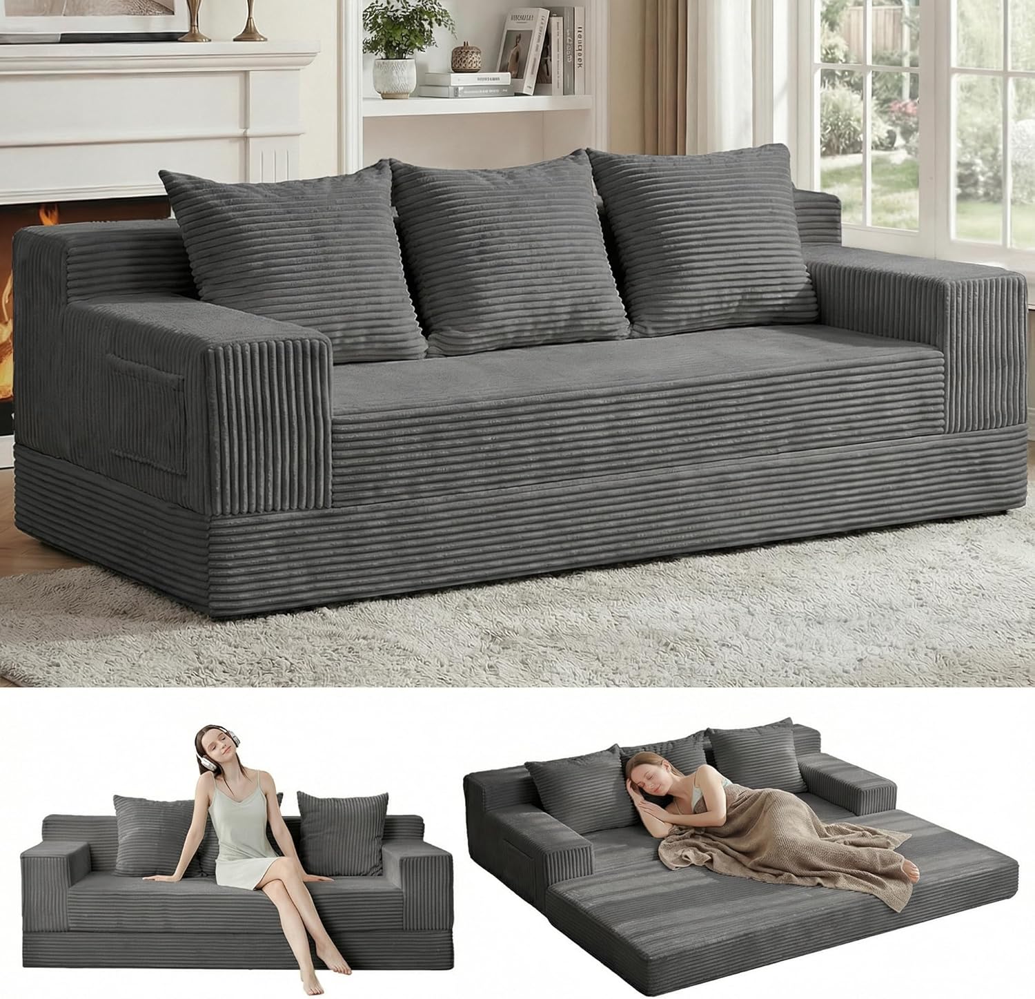 78" Convertible Pull Out Compressible Boneless  Sofa Bed