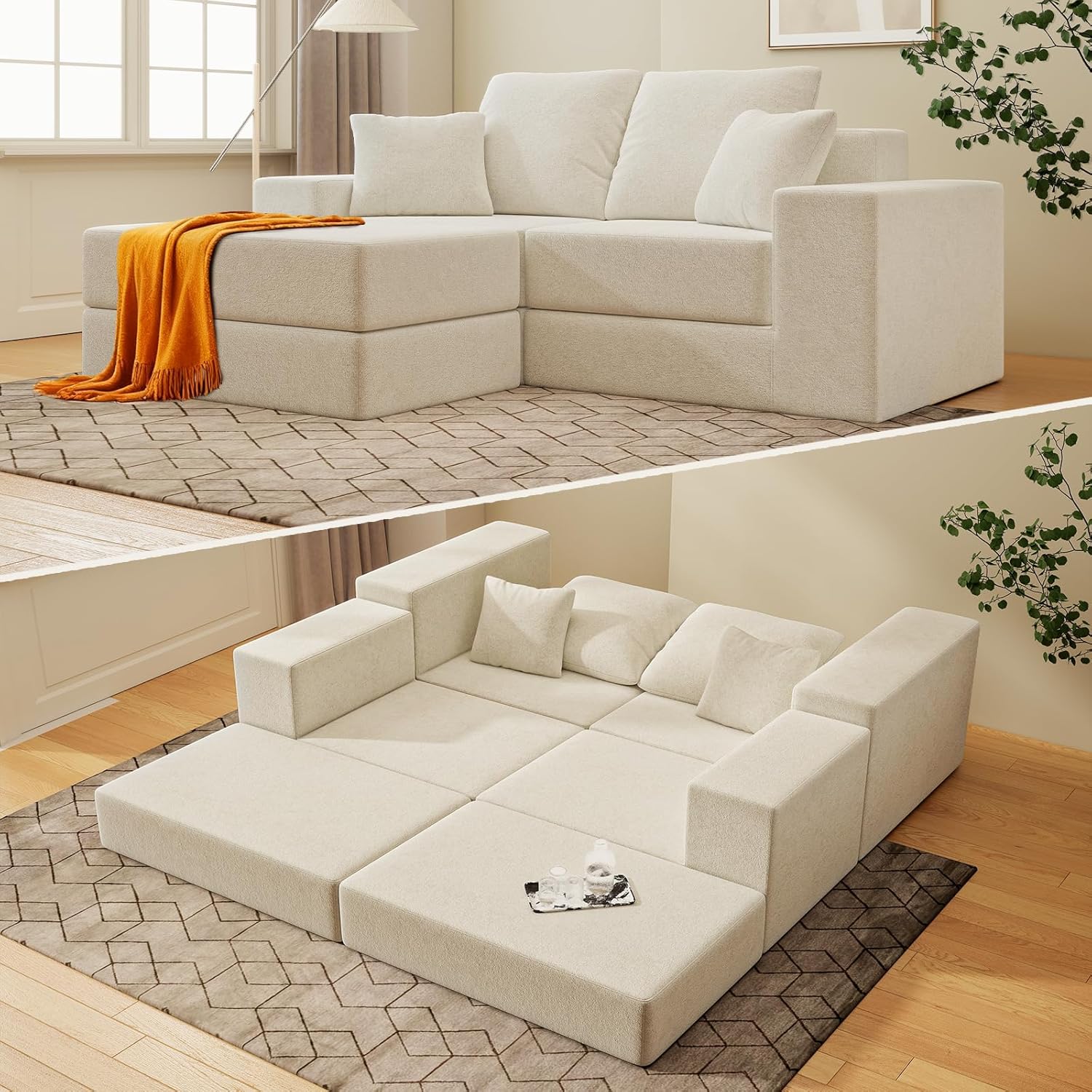 2-Seat Modular Sectional Sofa Bed with Chaise