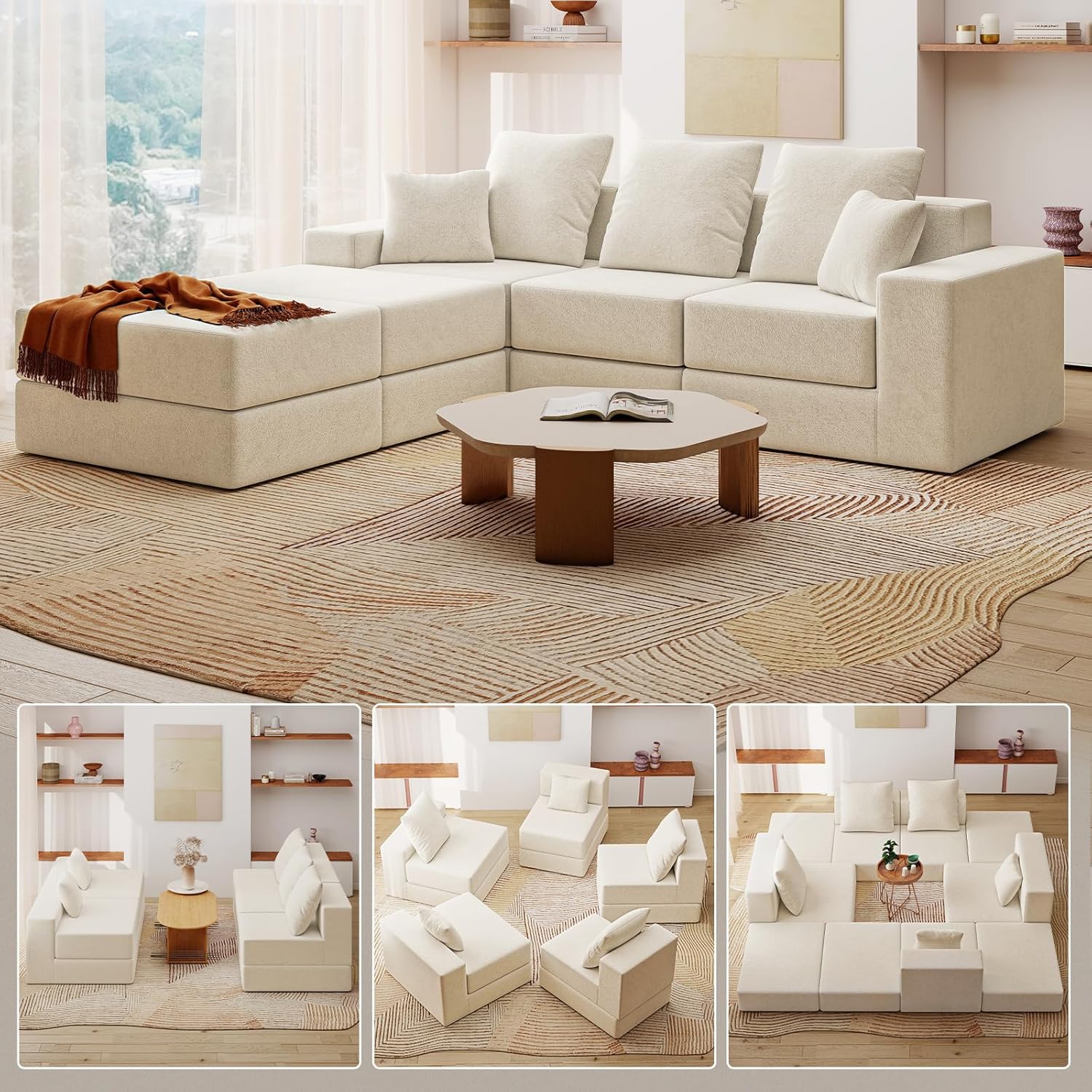 3-Seat Modular Sectional Sofa Bed with 2 Ottoman