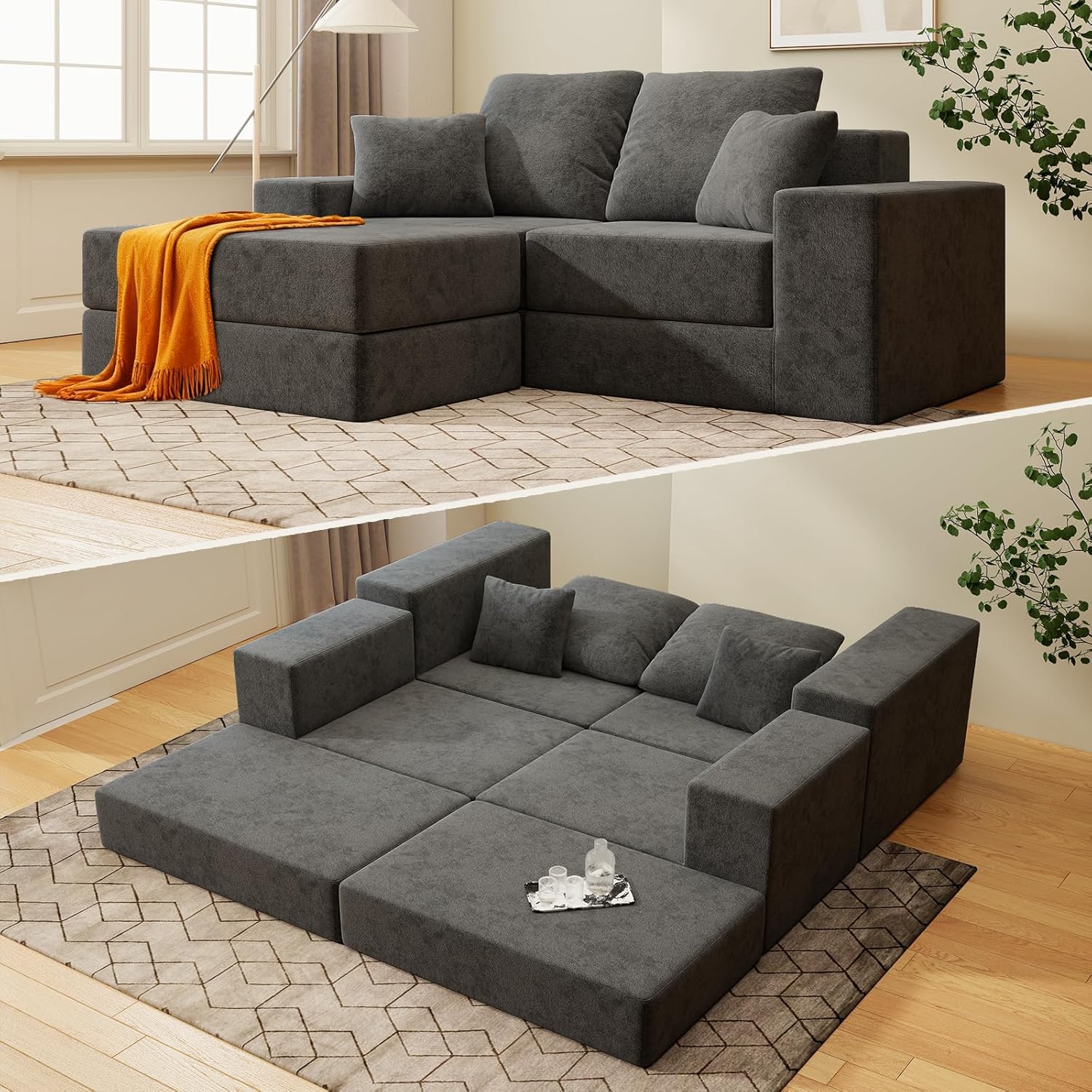 2-Seat Modular Sectional Sofa Bed with Chaise