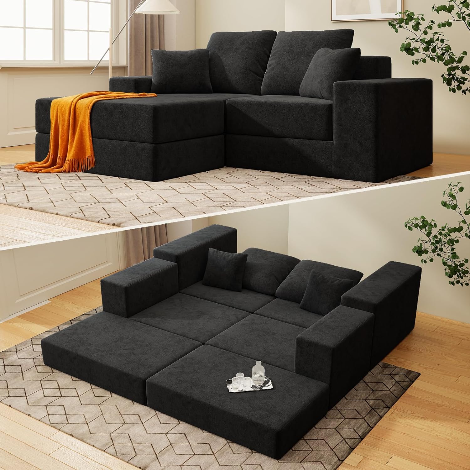 2-Seat Modular Sectional Sofa Bed with Chaise