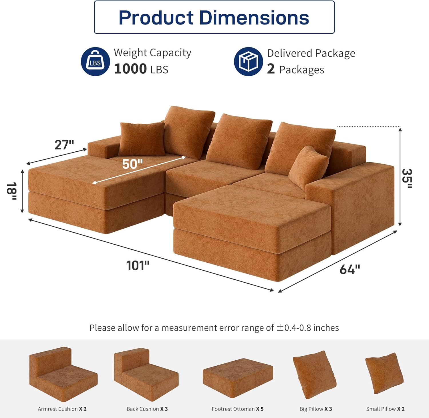 3-Seat Modular Sectional Sofa Bed with 2 Ottoman