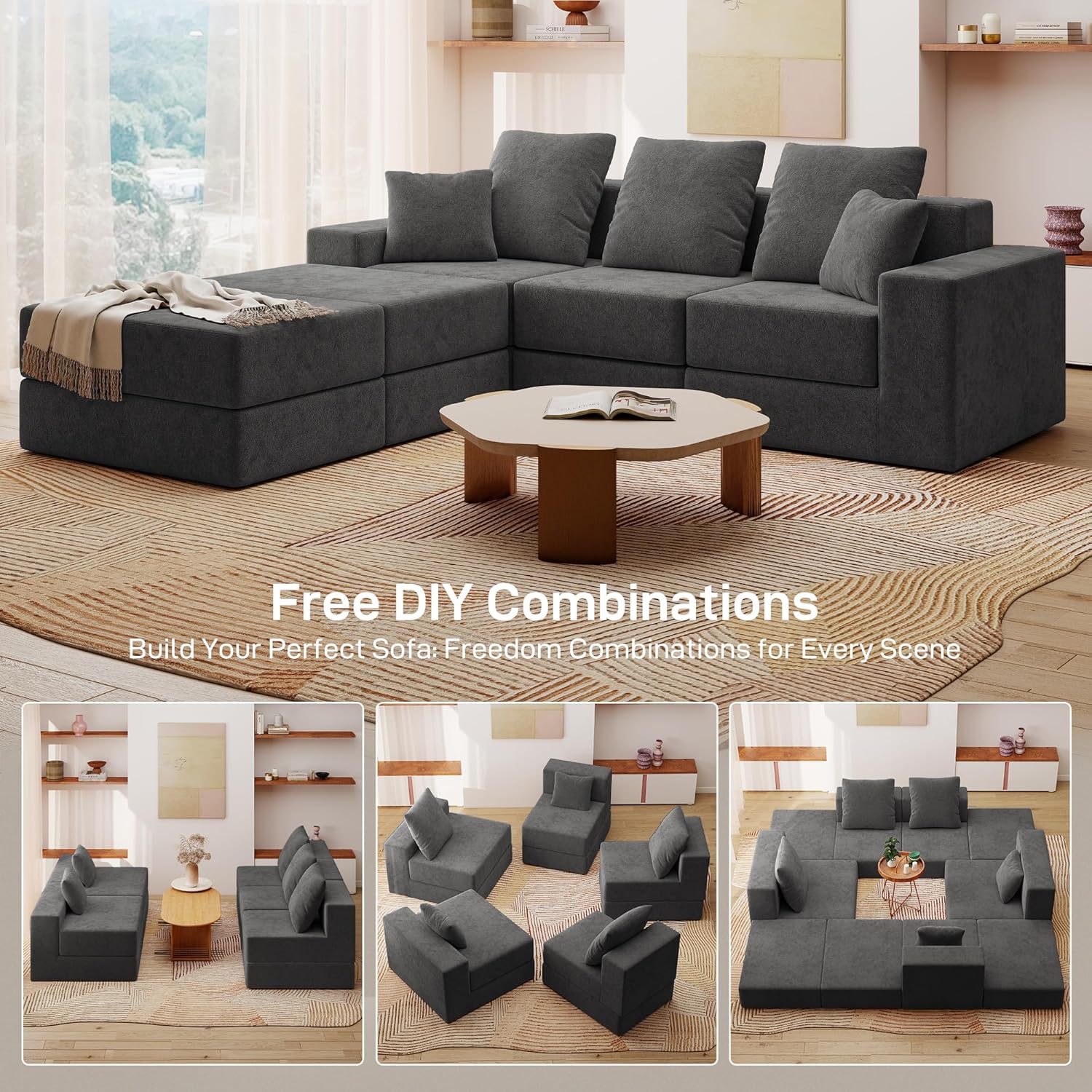 3-Seat Modular Sectional Sofa Bed with 2 Ottoman