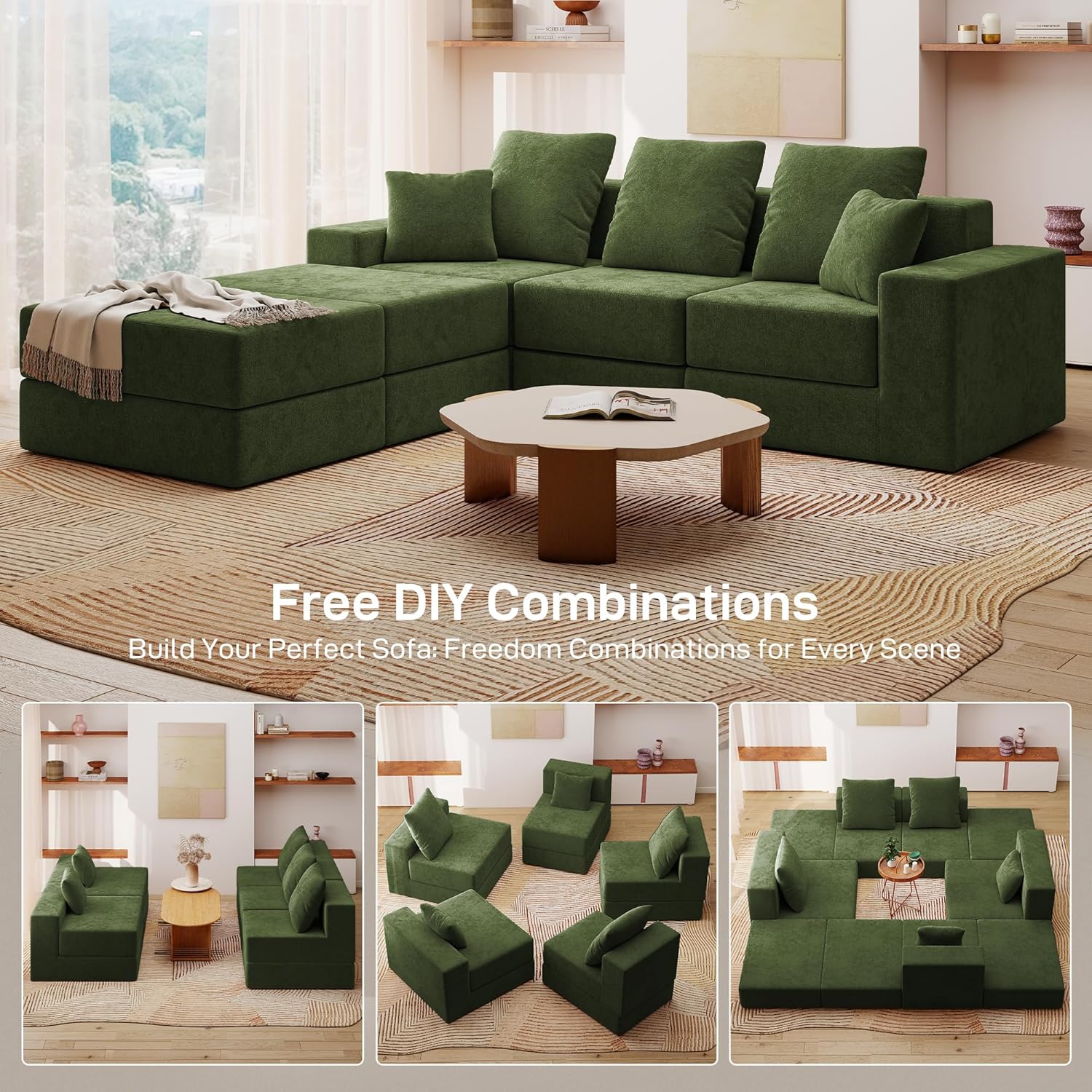 3-Seat Modular Sectional Sofa Bed with 2 Ottoman