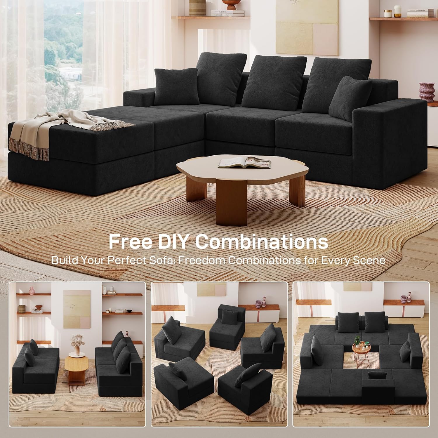 3-Seat Modular Sectional Sofa Bed with 2 Ottoman