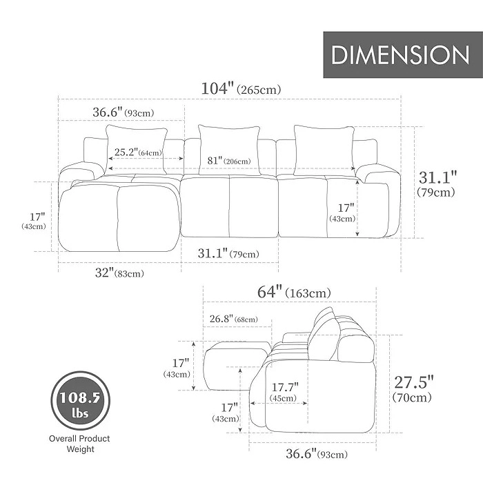 Convertible Modular Sectional Compressed Boneless Couch with Movable Ottoman