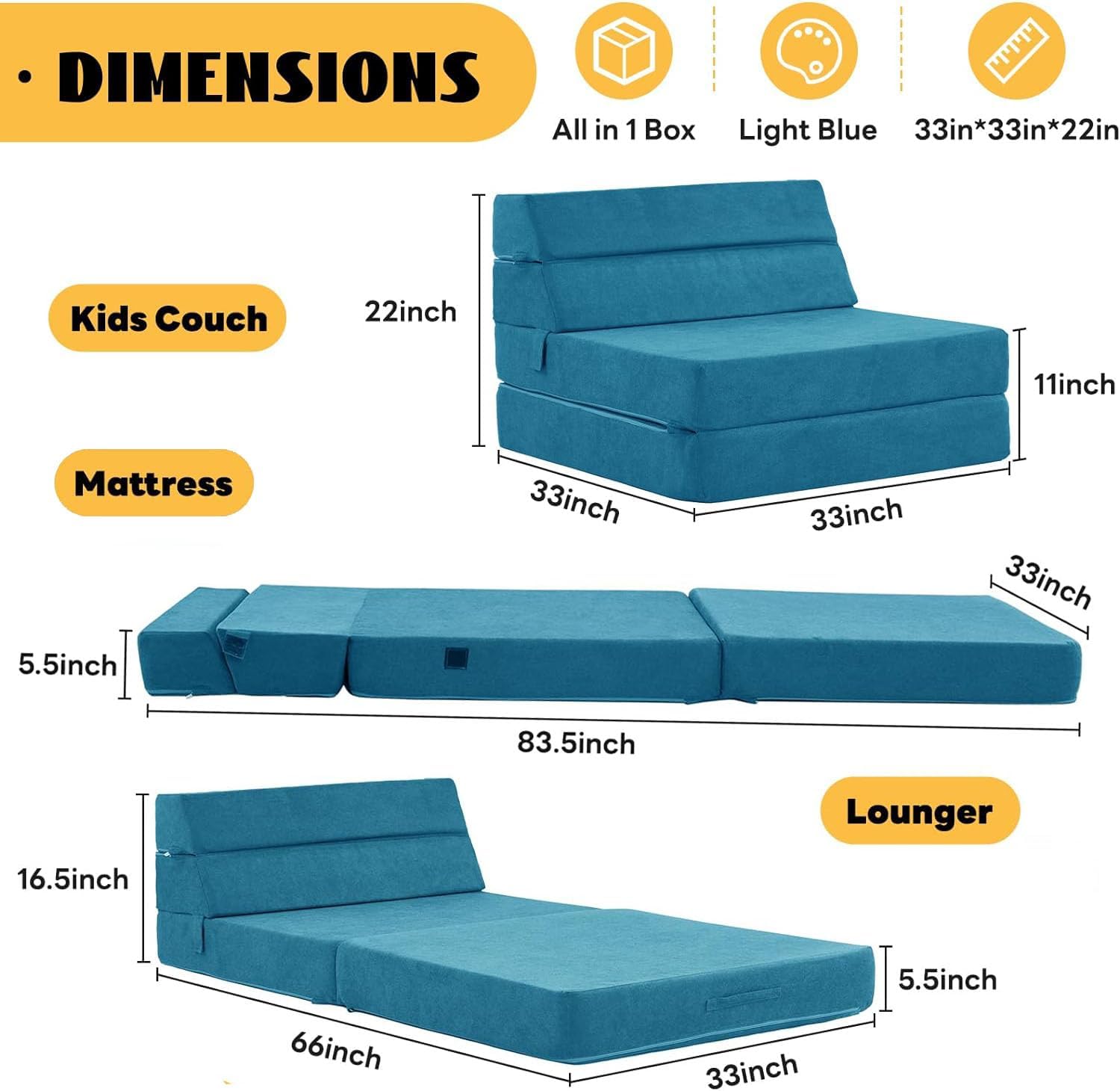 Single Foldable Foam Sofa Bed - Convertible Sleeper Chair and Floor Mattress