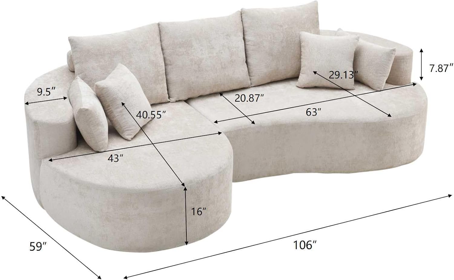 106 inch Curved Modular Sectional Upholstered Couch with Chaise Lounge