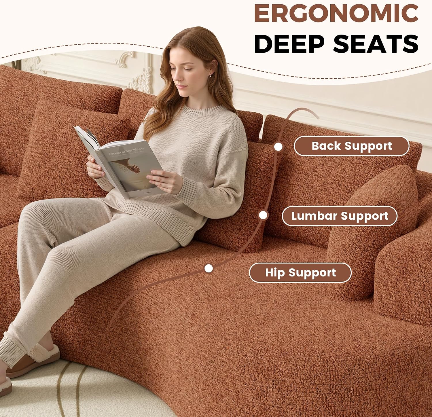 124" Luxury Curved Modular Sectional Boneless Sofa with Deep Seat and 7 Pillows