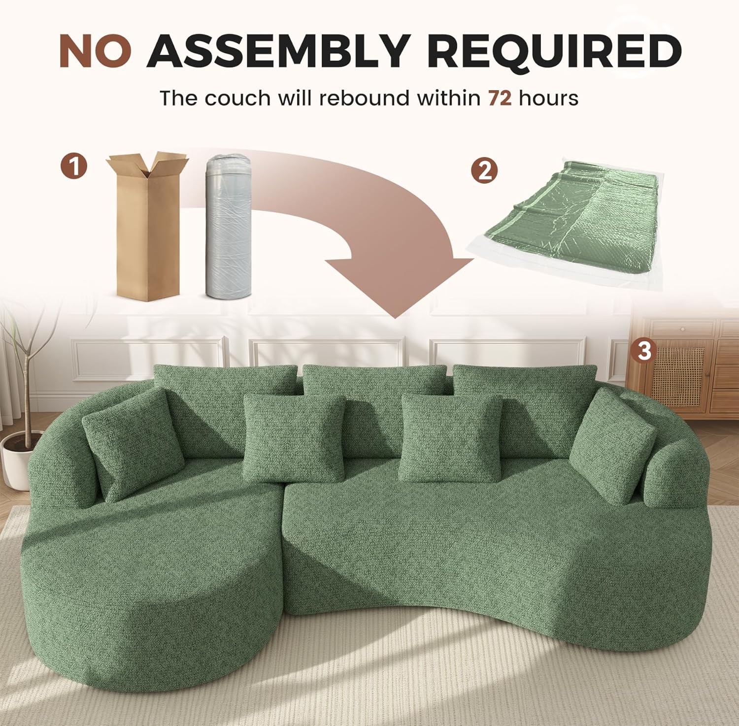 124" Luxury Curved Modular Sectional Boneless Sofa with Deep Seat and 7 Pillows
