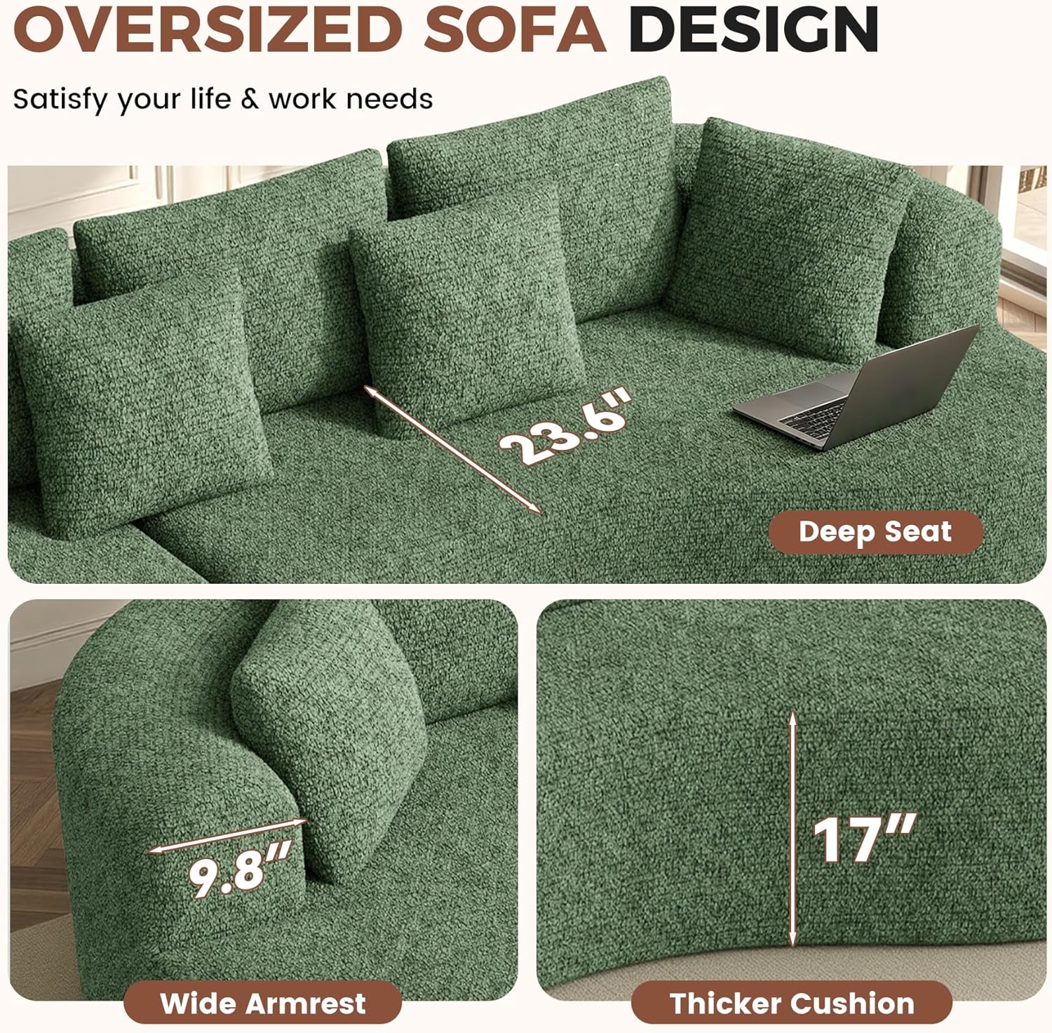 124" Luxury Curved Modular Sectional Boneless Sofa with Deep Seat and 7 Pillows
