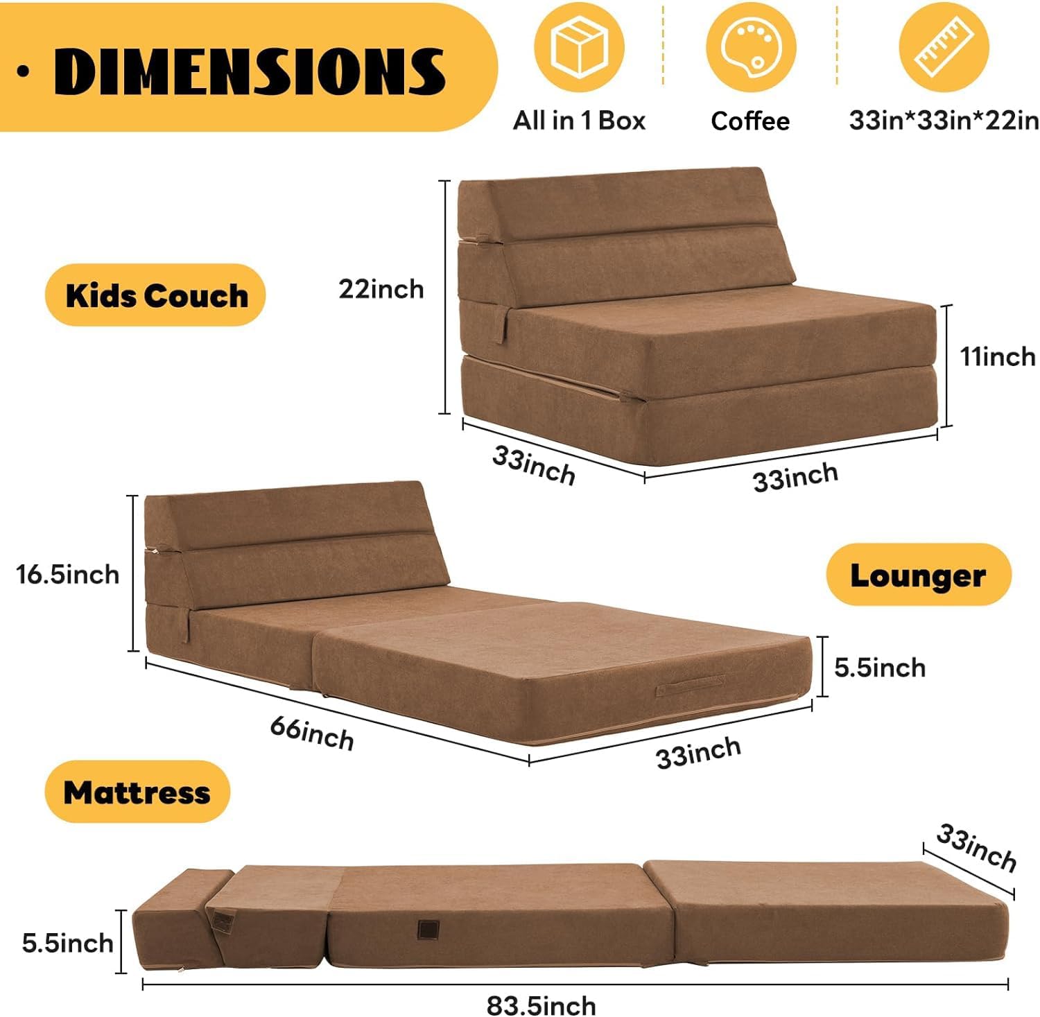 Single Foldable Foam Sofa Bed - Convertible Sleeper Chair and Floor Mattress