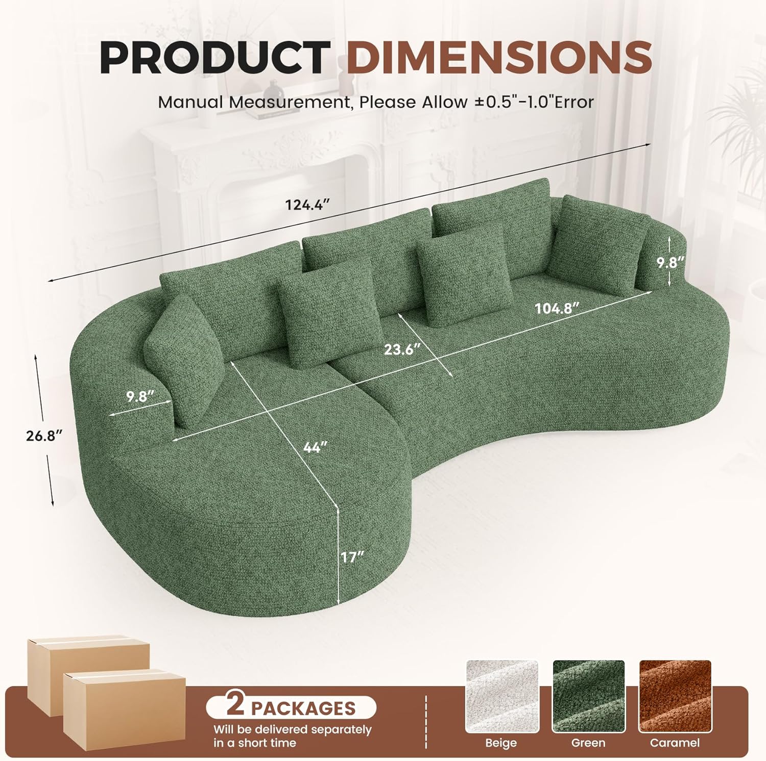 124" Luxury Curved Modular Sectional Boneless Sofa with Deep Seat and 7 Pillows