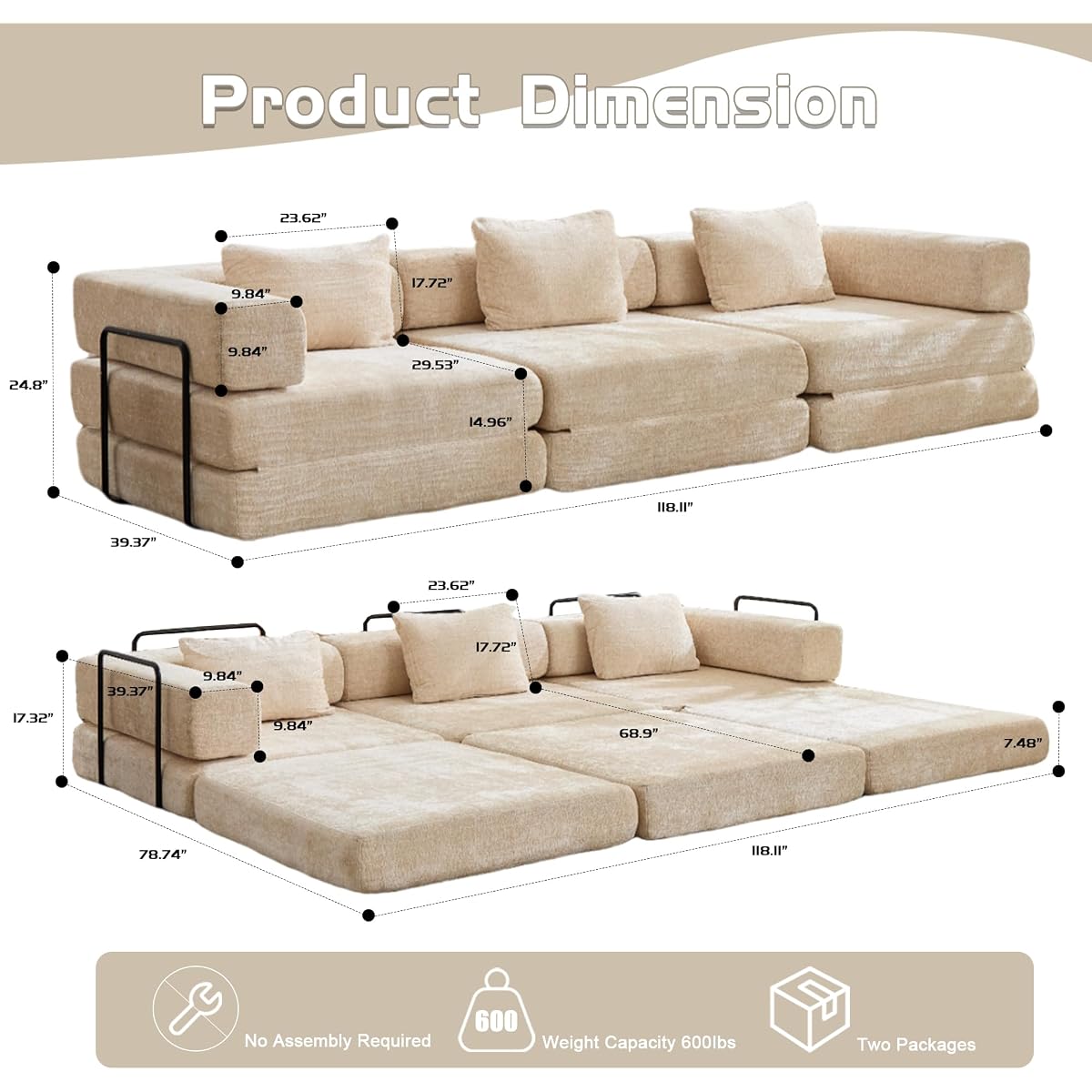 6-in-1 Convertible Compression Sofa Bed, Sleeper Couch with Pull Out Mattress
