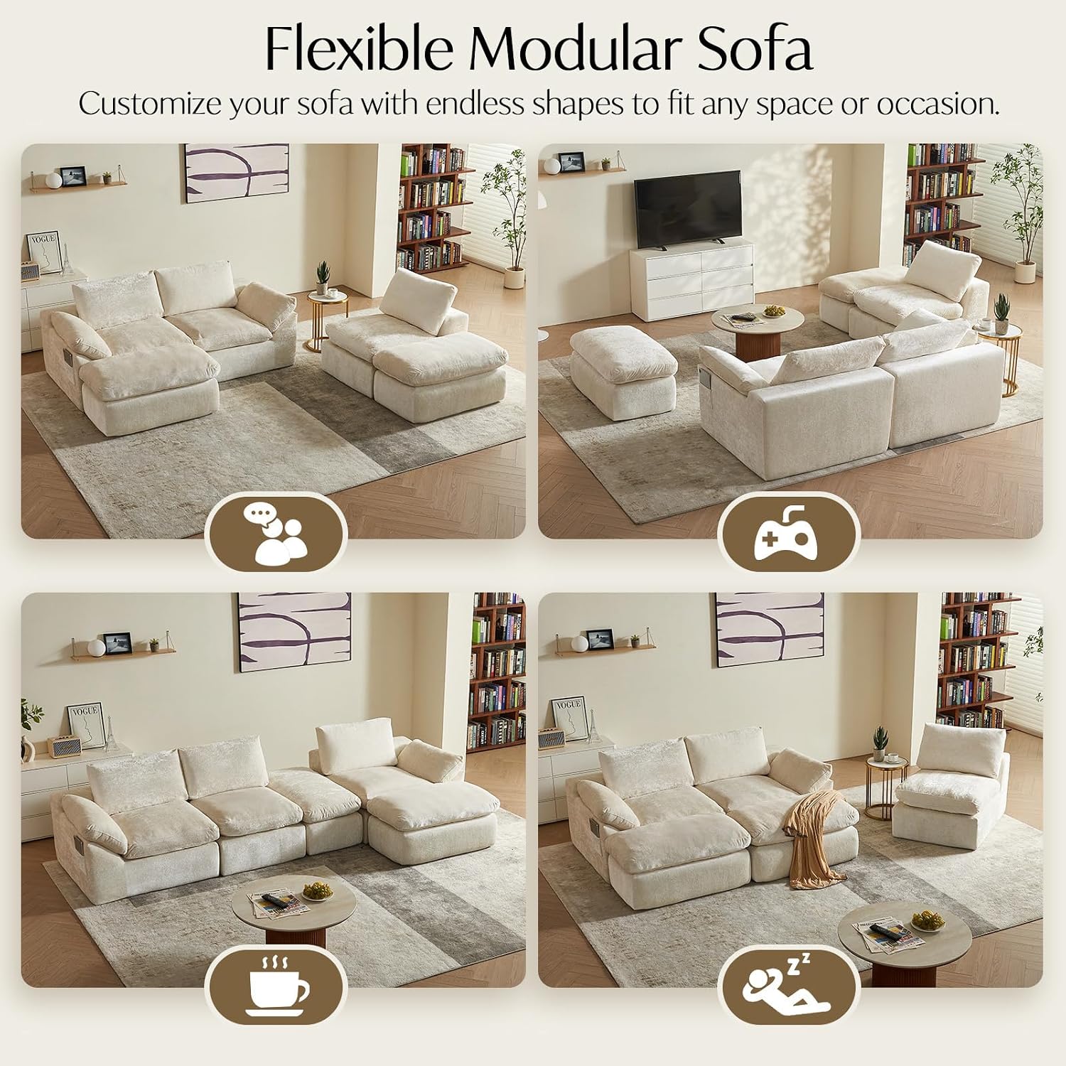 Utra Soft Cloud Modular Sectional Compressiable Sofa with 2 Movable Ottoman