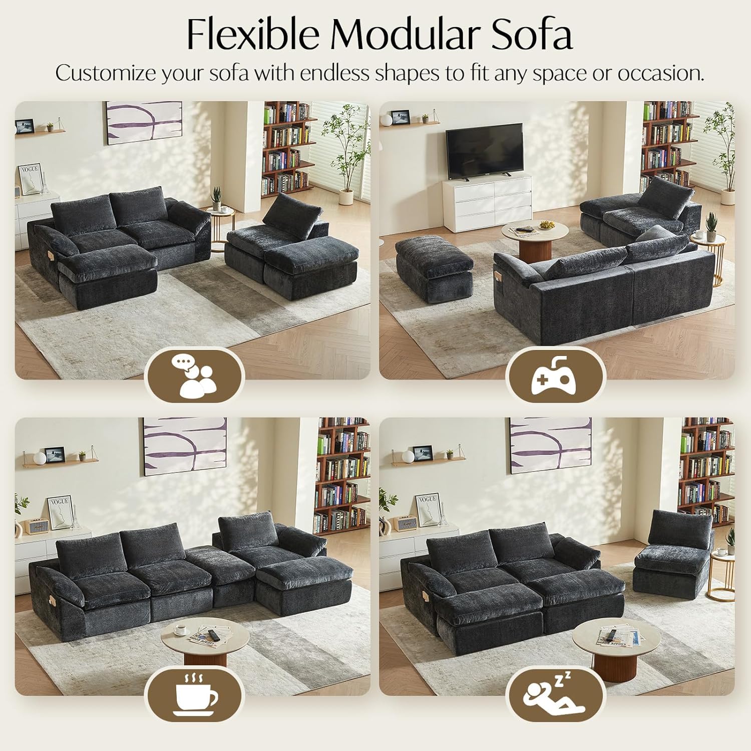 Utra Soft Cloud Modular Sectional Compressiable Sofa with 2 Movable Ottoman