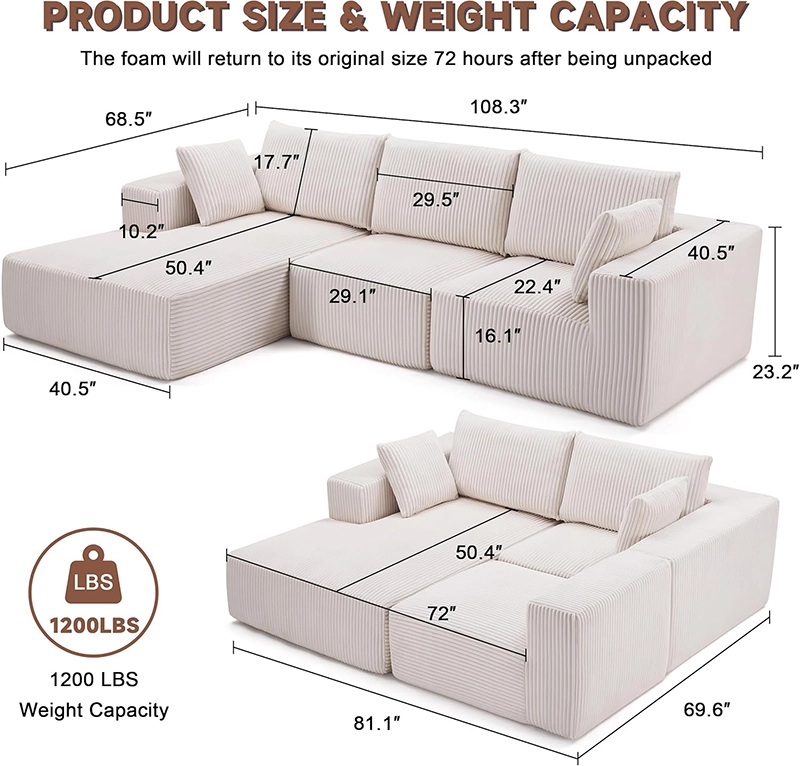 108" L-Shape Cloud Modular Sectional Sofa with Chaise